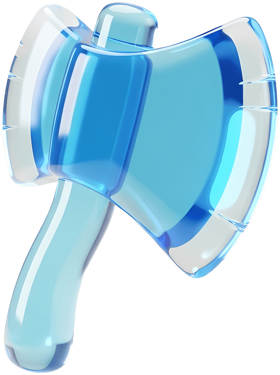 A 3D translucent blue hammer with smooth plastic-like material and soft reflective lighting on a transparent background.