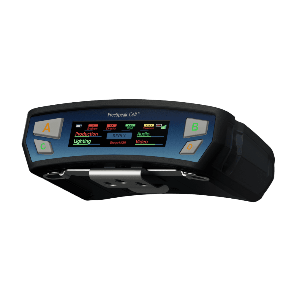 FreeSpeak Cell beltpack displaying the lights-on menu screen.