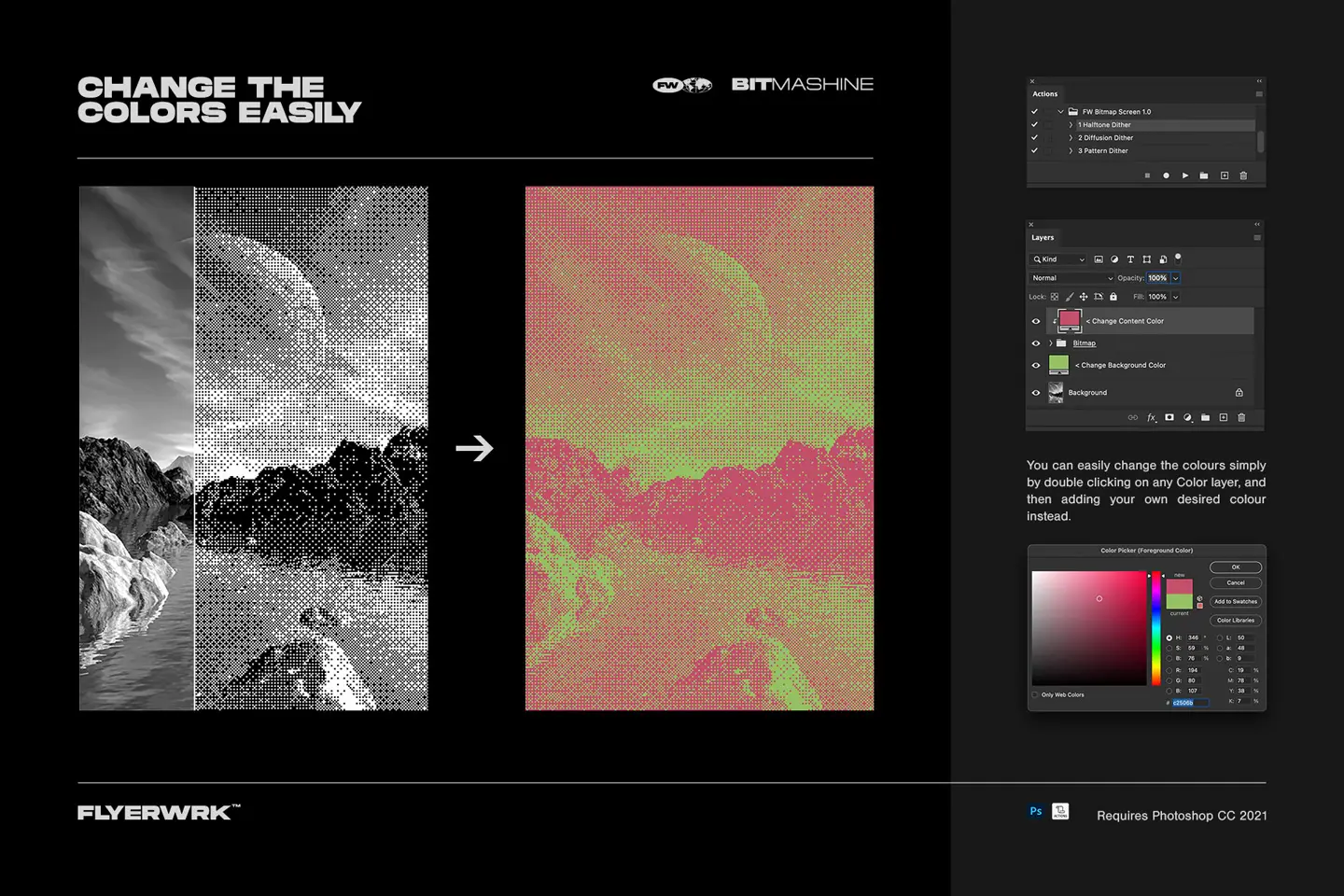 Comparison showing the transition from black and white to custom colored retro futuristic landscape art