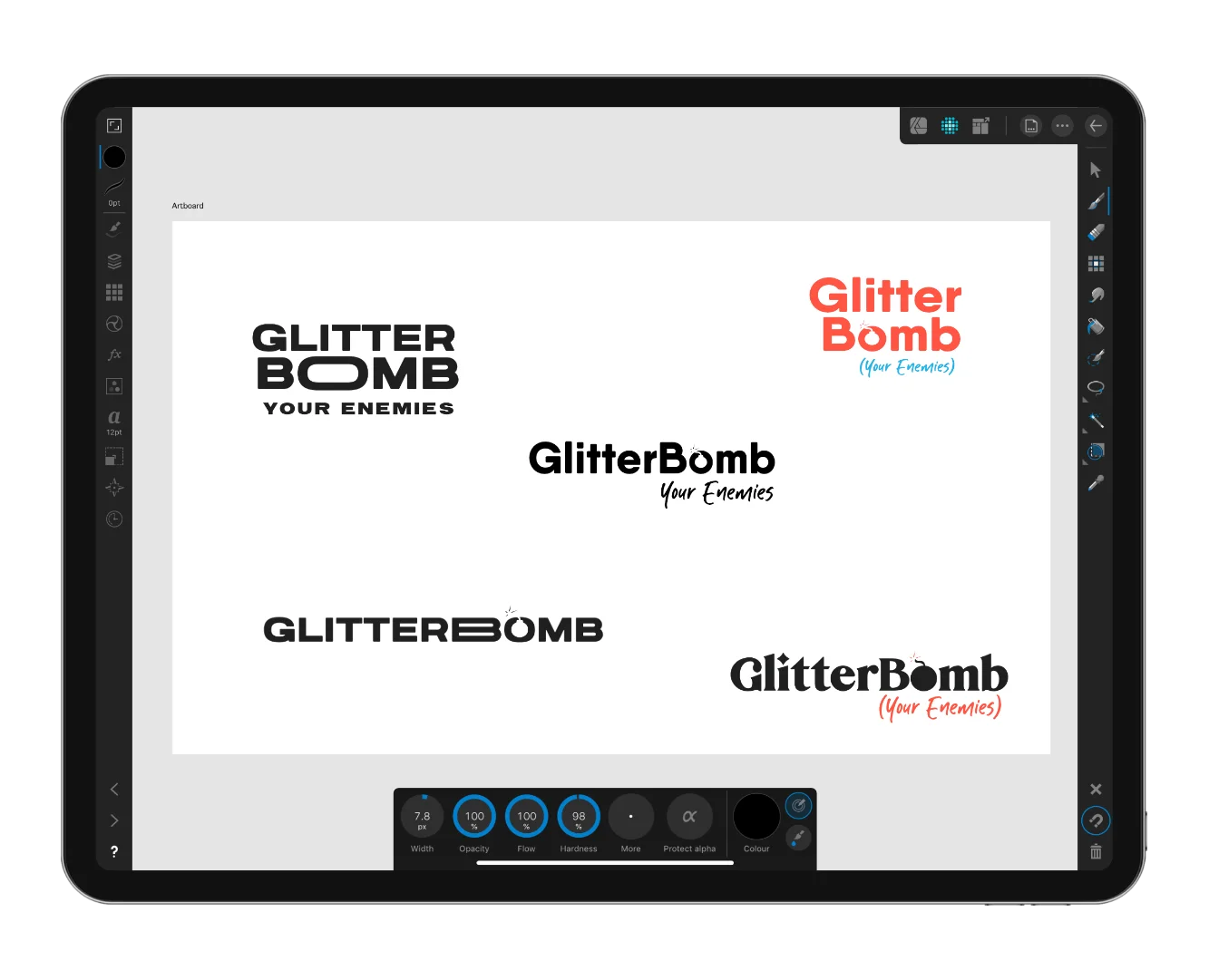 Digital logo design exploration for Glitter Bomb Your Enemies, showing various typography concepts and custom wordmarks created in Affinity Designer on iPad Pro.