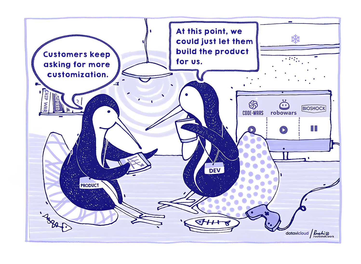 A satirical comic showing two penguins watching a nostalgic television screen that says "Gone With The Wind". One penguin asks, "What happened to our DEI program?" while the other explains that the budget was shifted to buy more AI tools. The comic is titled "Corporate DEI Efforts: Now Streaming, But Only for Nostalgia"
