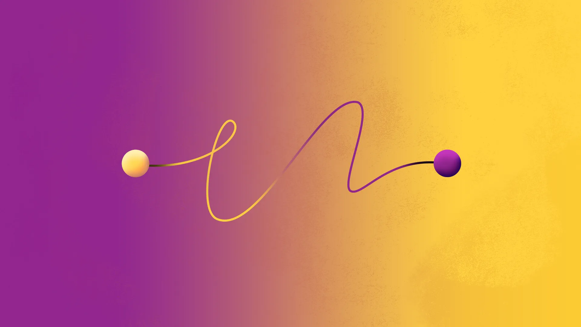 Two colorful spheres connected by a looping line on a purple to yellow gradient background, representing movement or interaction.