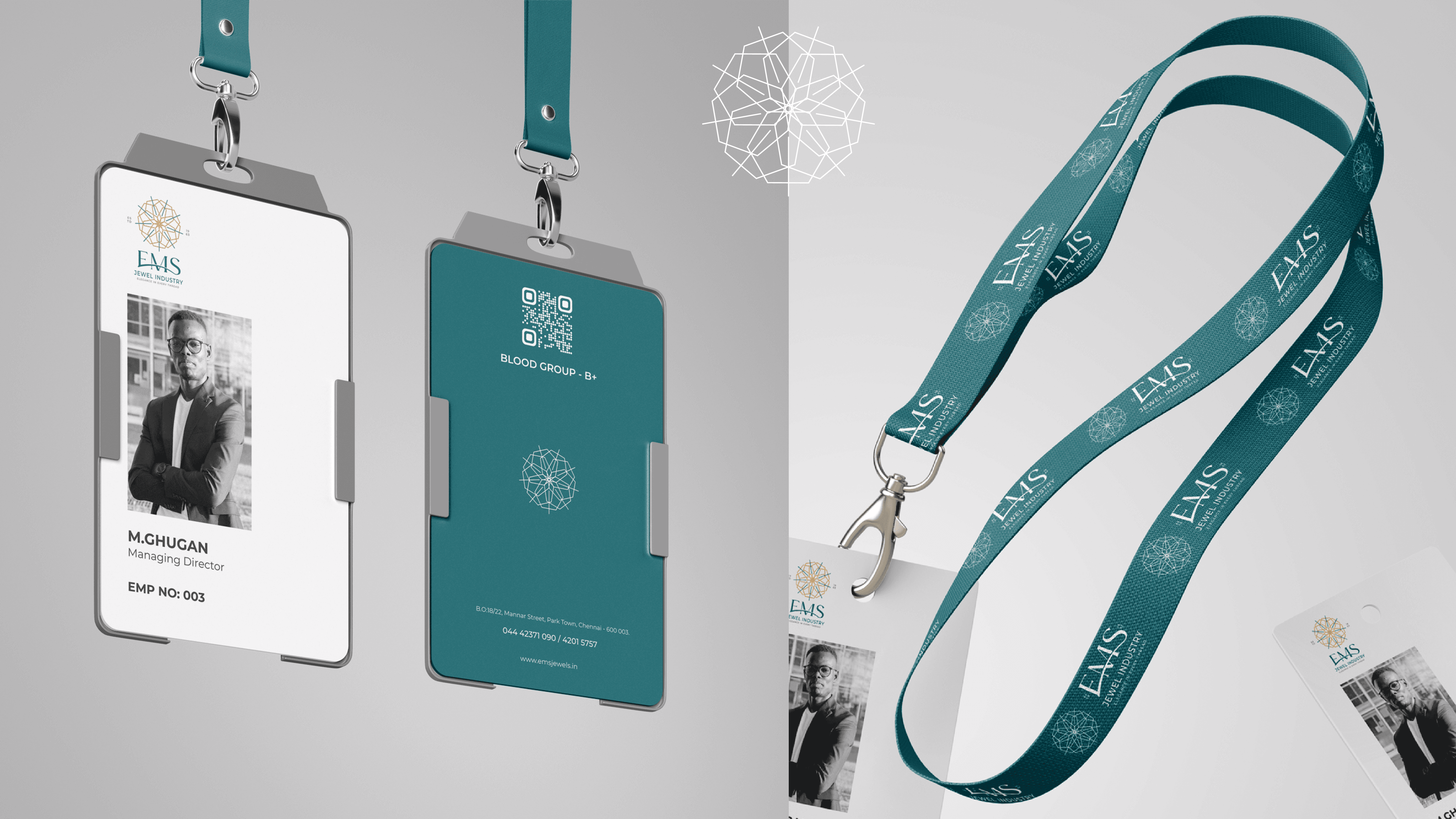 EMS Jewel Industry branded employee ID card and lanyard design — Penguincil Design
