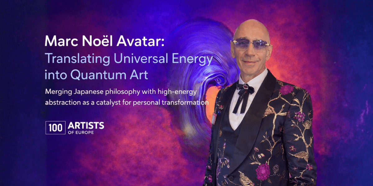 Marc Noël Avatar standing with his quantum art, blending Japanese philosophy and high-energy abstraction for transformation.