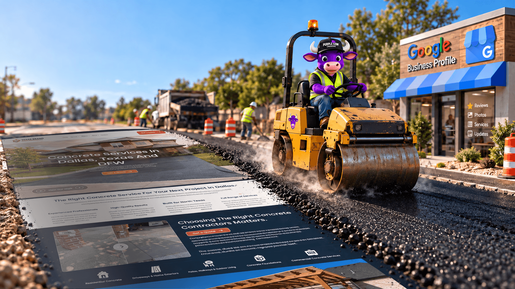 Purple Cow mascot operating a road roller over asphalt beside a client website build, next to a Google Business Profile storefront.