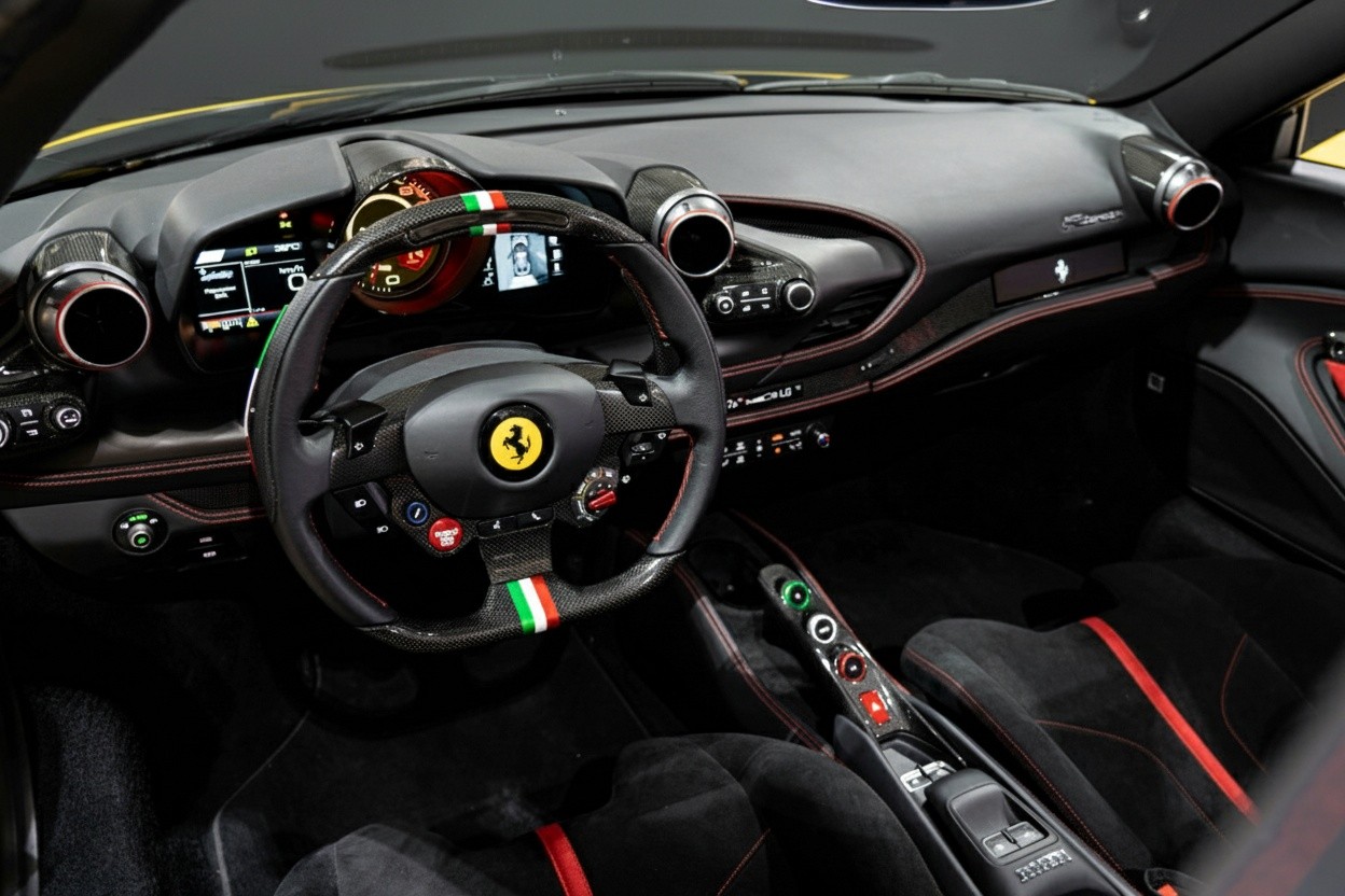 Ferrari F8 Spider black dashboard and digital cockpit, high-performance supercar available for rent in Dubai
