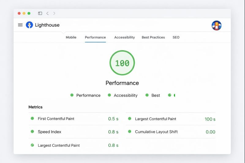 Capture d’écran en mode sombre de Google Lighthouse affichant un score de performance parfait de 100%, démontrant un site web ultra-rapide, optimisé pour le mobile et les meilleures pratiques SEO.