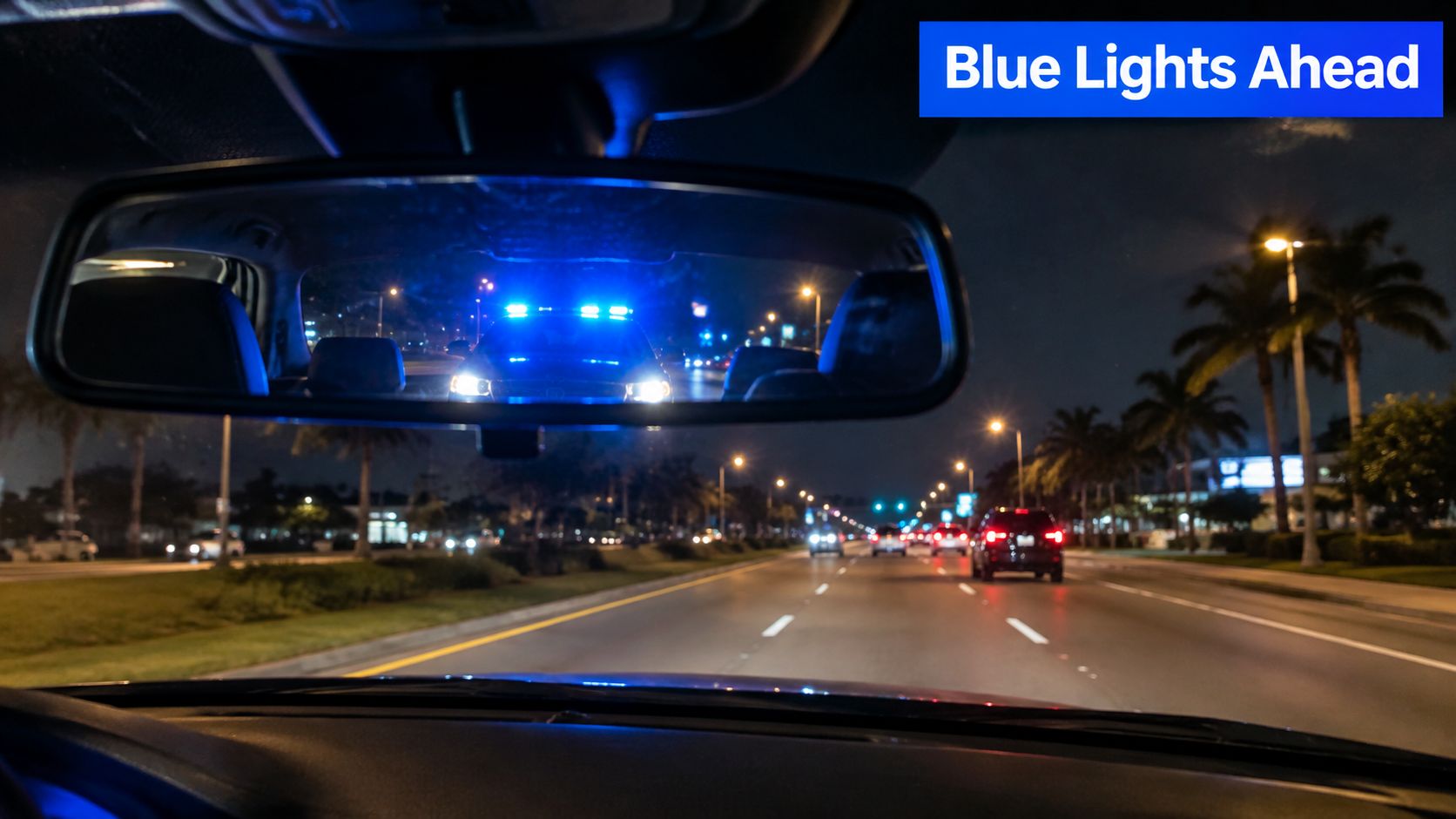 A view through a car rearview mirror showing police car lights flashing behind the driver at night.