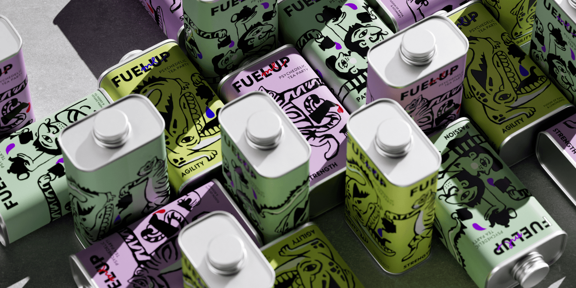 Markenwelt Fuel Me Up – Sports-Drink-Flaschen mit Comic-Charakteren, Beschriftungen wie „Strength" und „Agility", in Limette und Flieder.