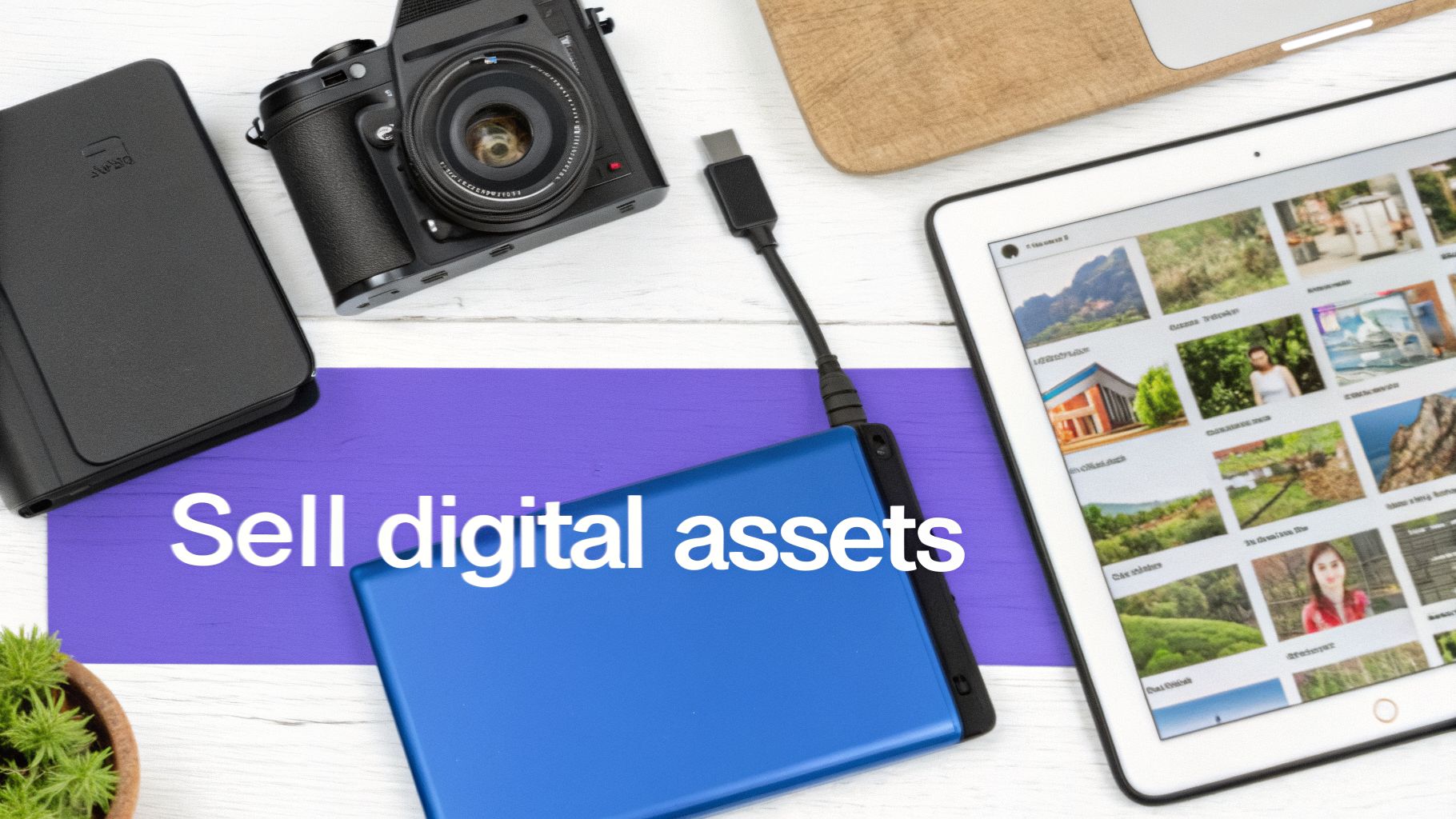 Overhead view of a camera, external hard drive, and tablet displaying photos, with text 'Sell digital assets'.