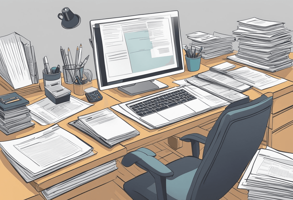 A desk cluttered with job description drafts, a computer screen displaying engaging ad copy, and a stack of resumes waiting to be reviewed