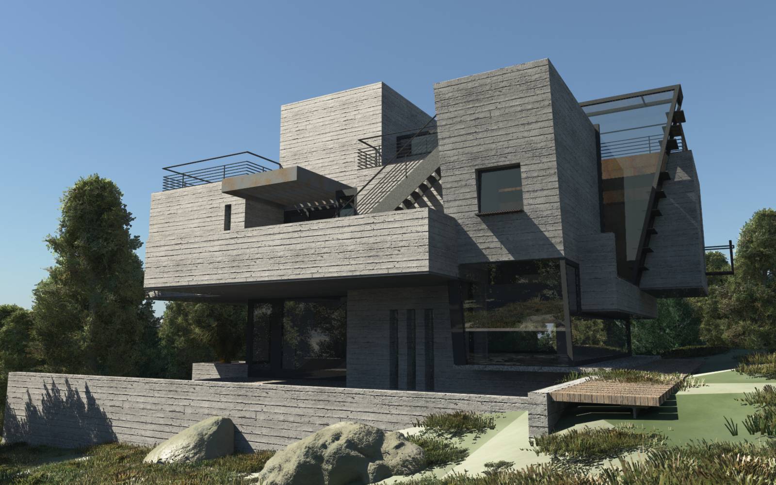 Architectural sketch of a modern building featuring large windows and a balcony area.
