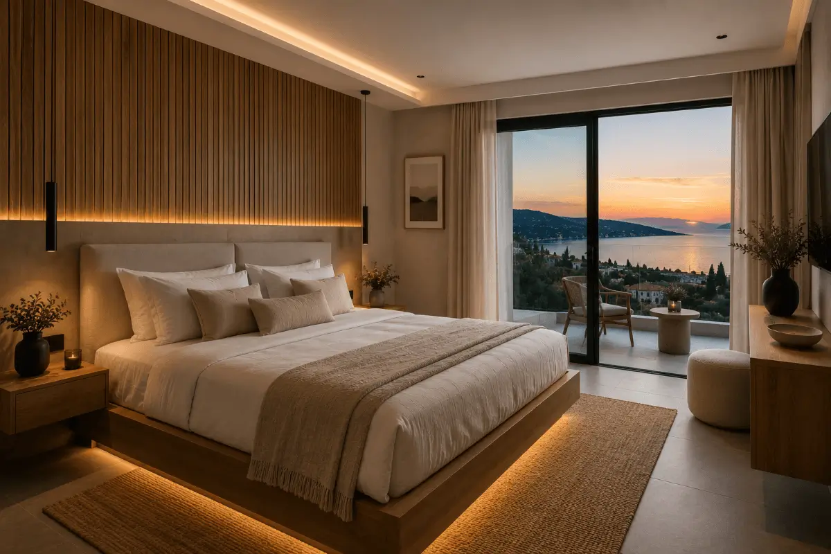 Πολυτελές υπνοδωμάτιο Airbnb μετά από ανακαίνιση υψηλής αισθητικής με king size κρεβάτι και θέα στη θάλασσα