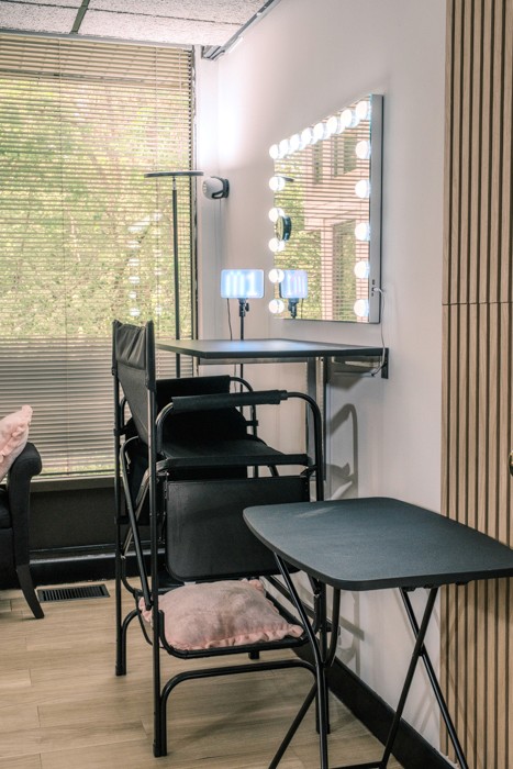 makeup vanity station in beauty room