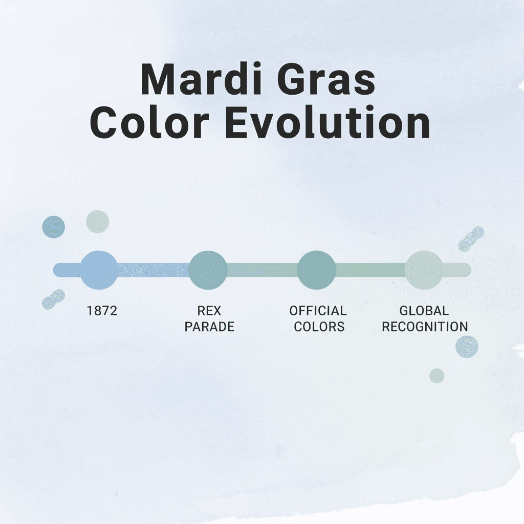 Timeline showing evolution of Mardi Gras colors from 1872 to global recognition
