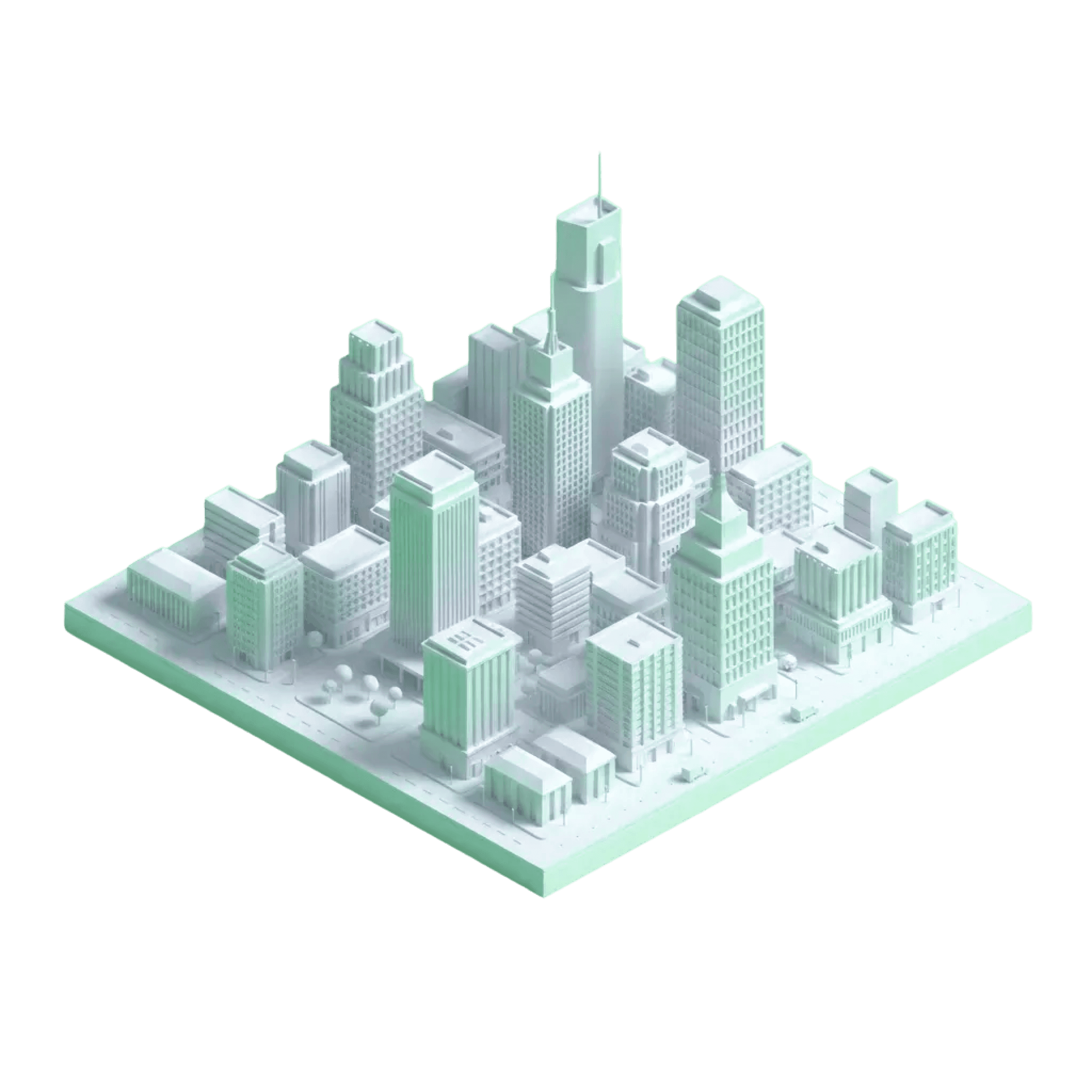 An isometric 3D illustration of the financial district of a large city