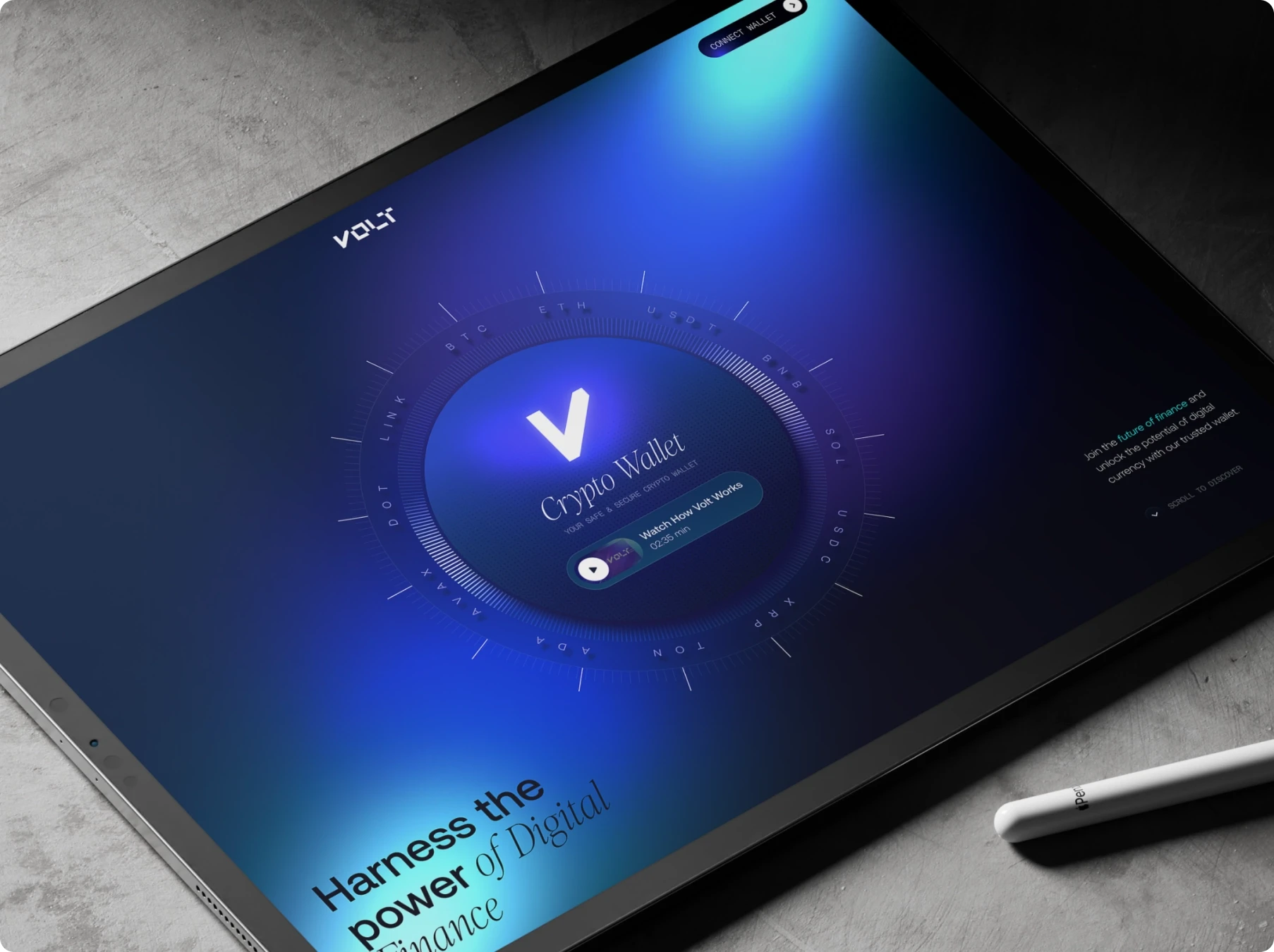 Angled tablet displays a blue-purple Crypto Wallet interface with a glowing V logo and “Harness the Power of Digital Finance” text, beside a stylus.