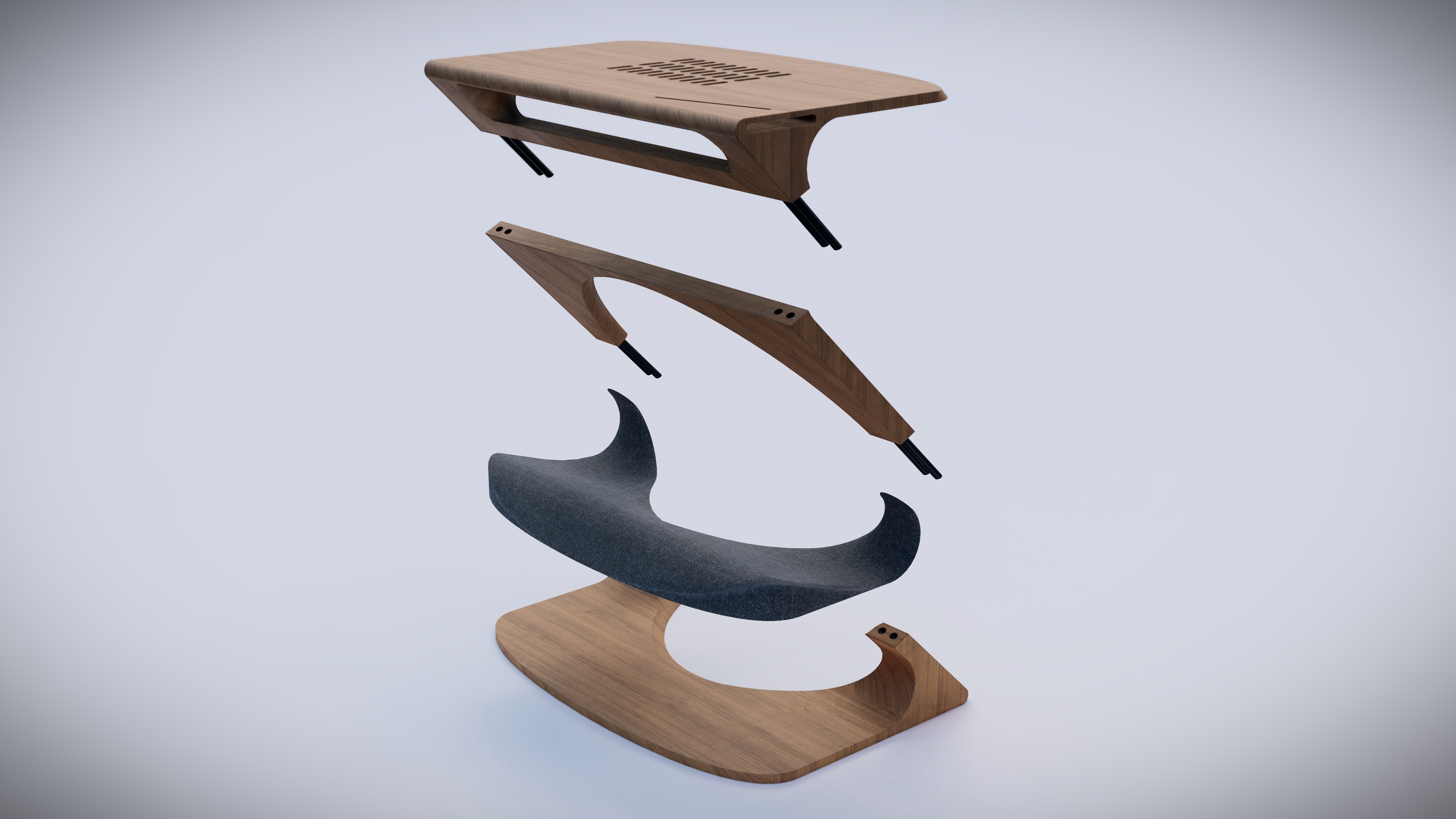 Exploded view of a modern wooden desk design showcasing its assembled components including a curved wooden base, fabric-covered support, and smooth tabletop, presented on a neutral background.