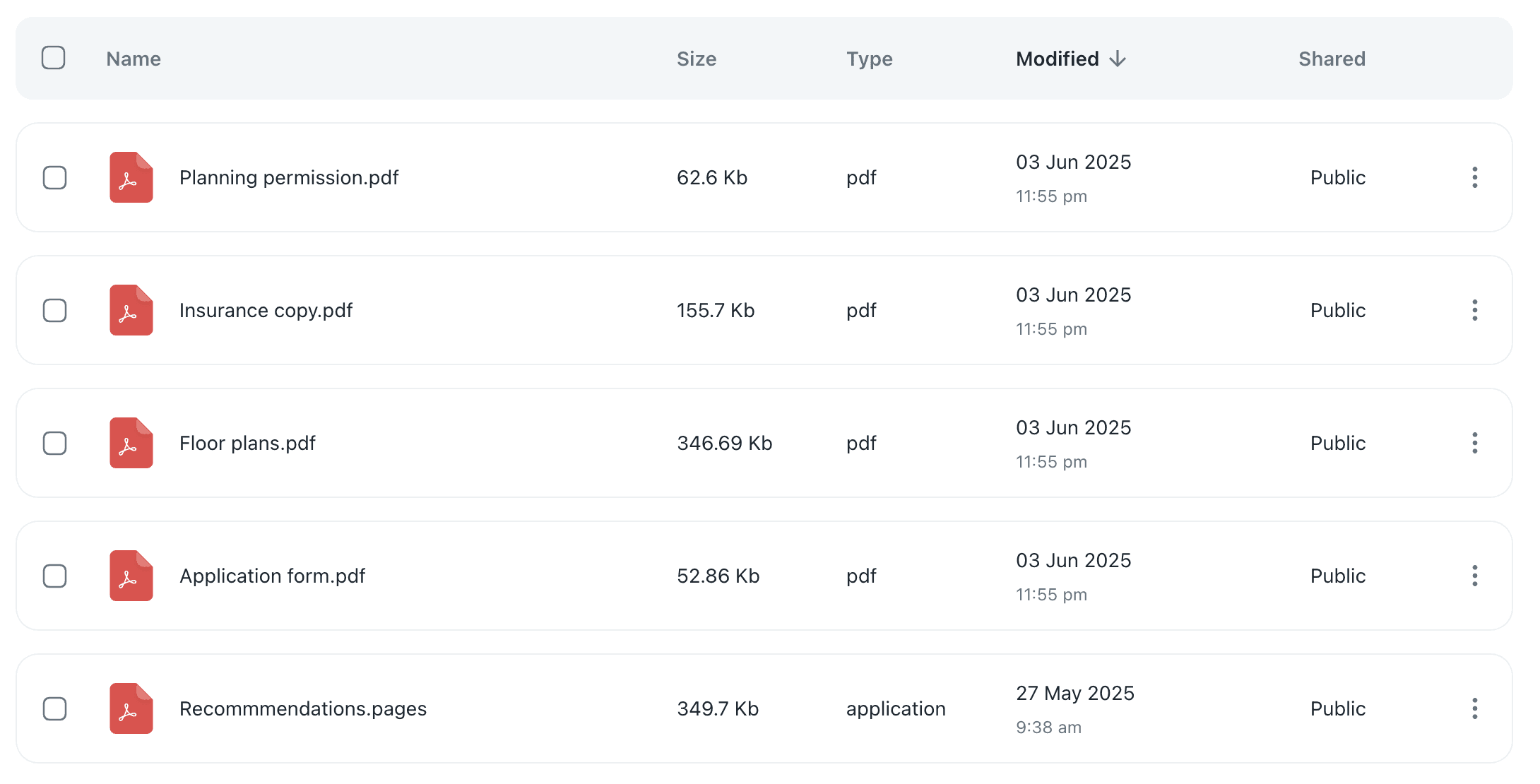 Overview UI of documents that were generated on the Barnab platform.