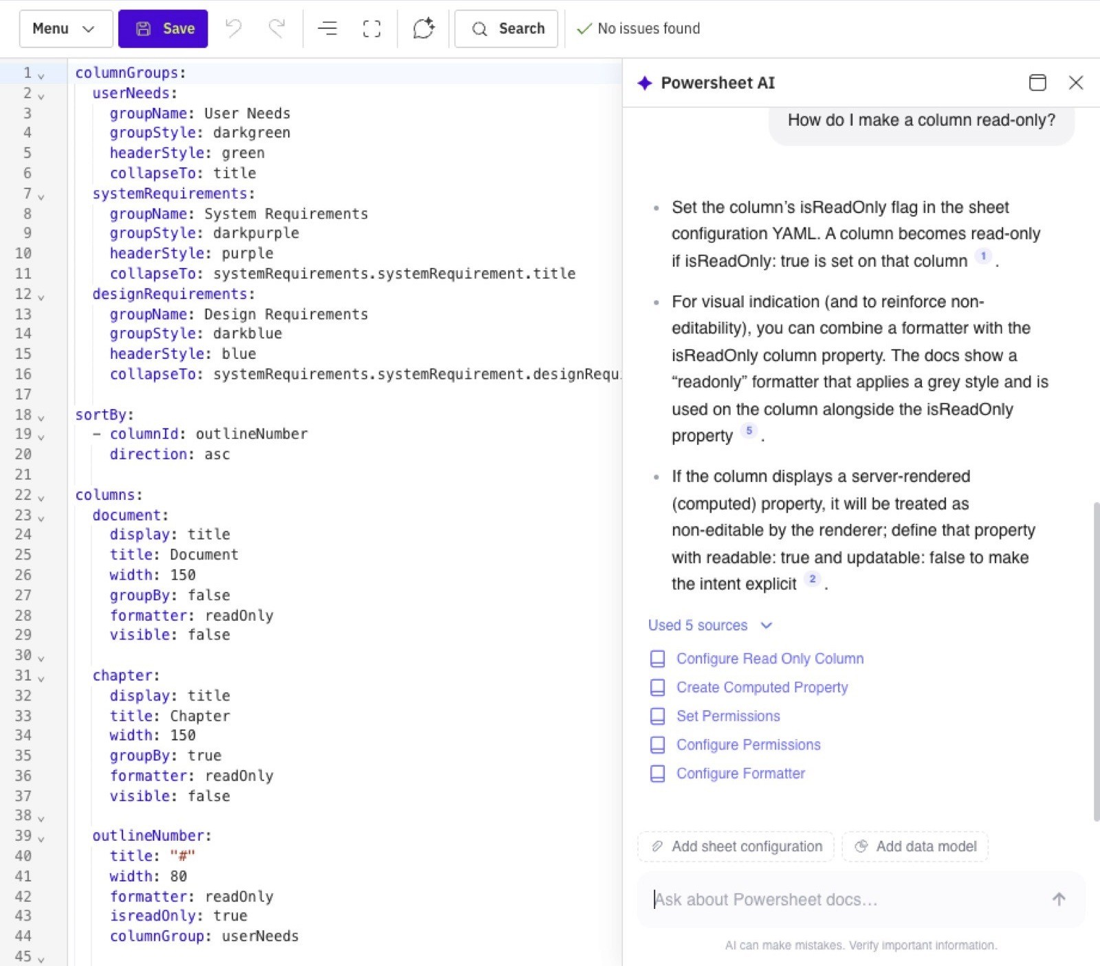 The ✦ Powersheet AI panel answering a configuration question beside the sheet configuration YAML, with numbered citations to the documentation pages it drew on.