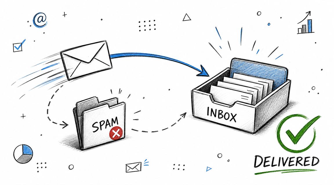 A hand-drawn illustration depicting a successful email delivery from a sender to an organized inbox folder.