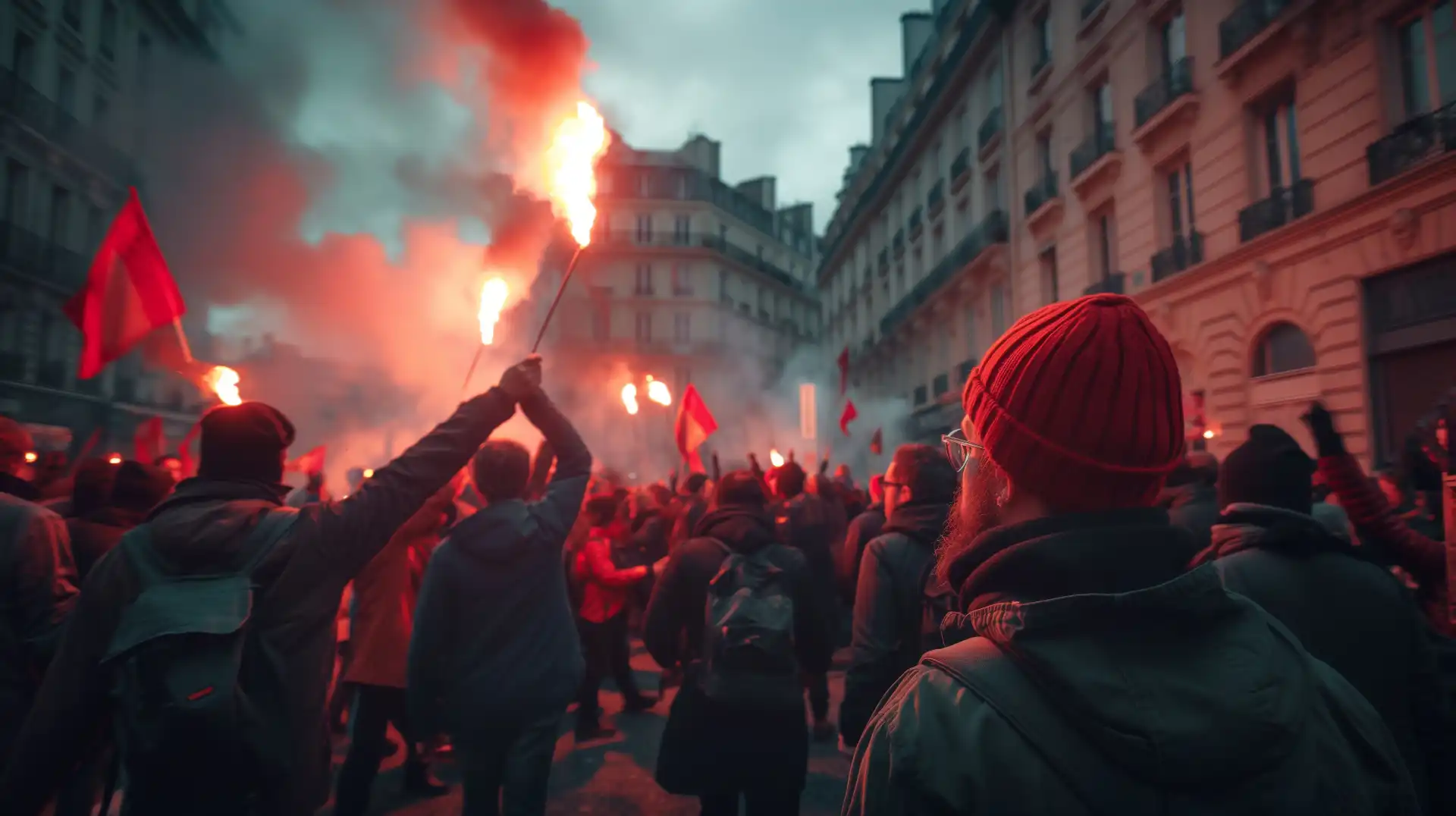 A perspective shot of a chaotic protest, representing the real-world impact of unchecked online hate and radicalization.