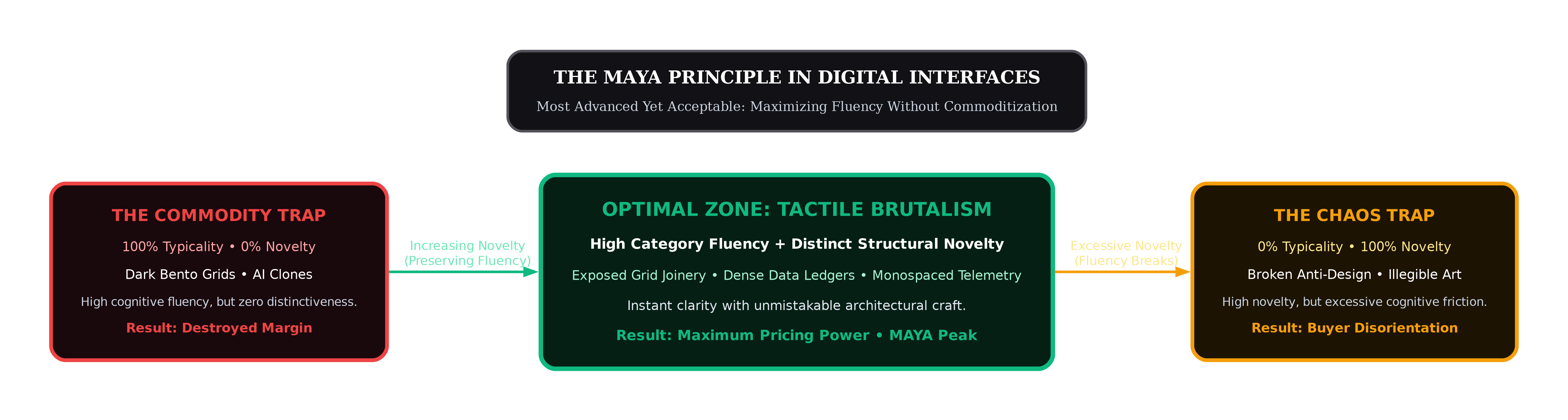 Diagram of the MAYA Principle in digital interfaces illustrating the optimal zone of Tactile Brutalism between the Commodity Trap of AI Bento clones and the Chaos Trap of broken anti-design.