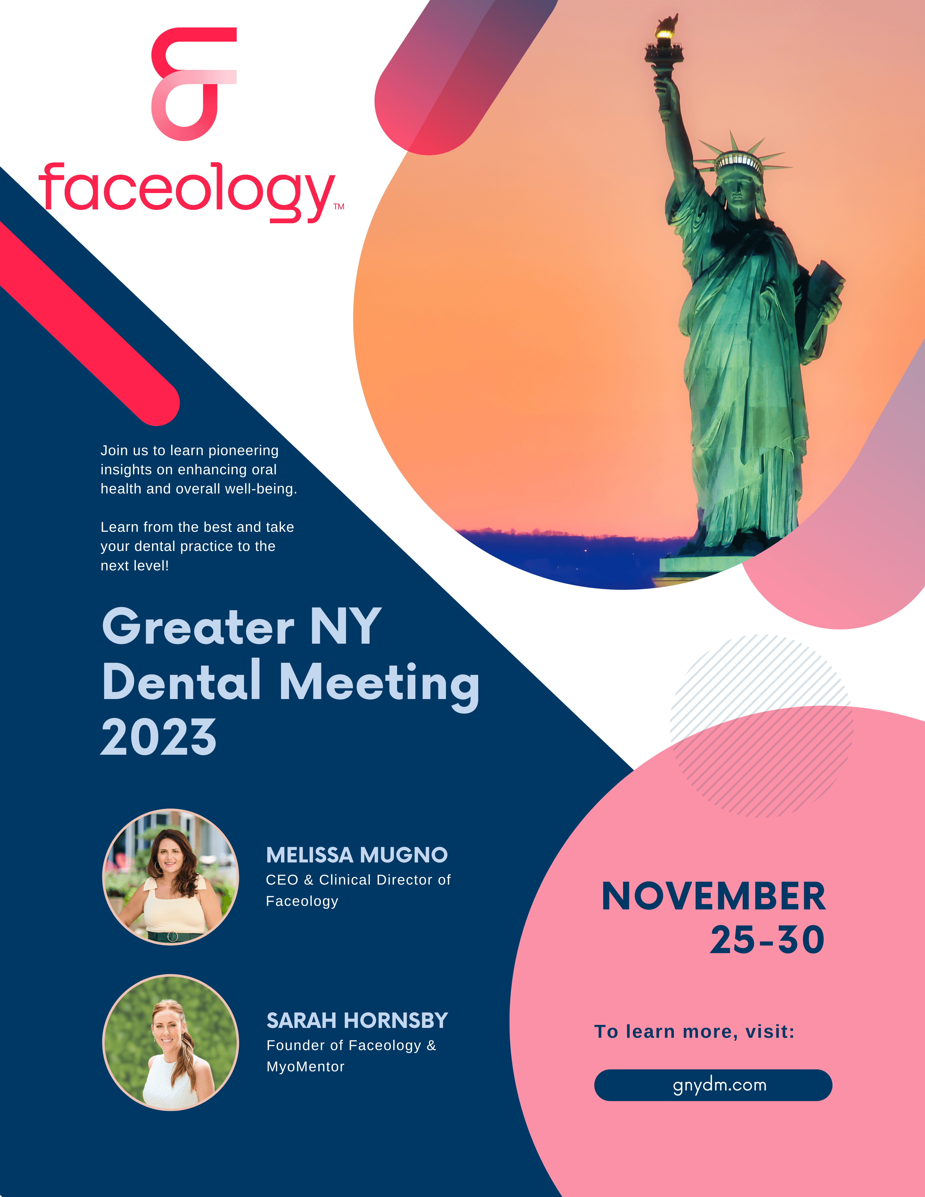 Advertisement for a speaking engagement. The brand colors are pinks and dark blue. A small photo of 2 speakers is at the bottom of the image, and the top corner features a photo of the statue of Liberty at sunset.