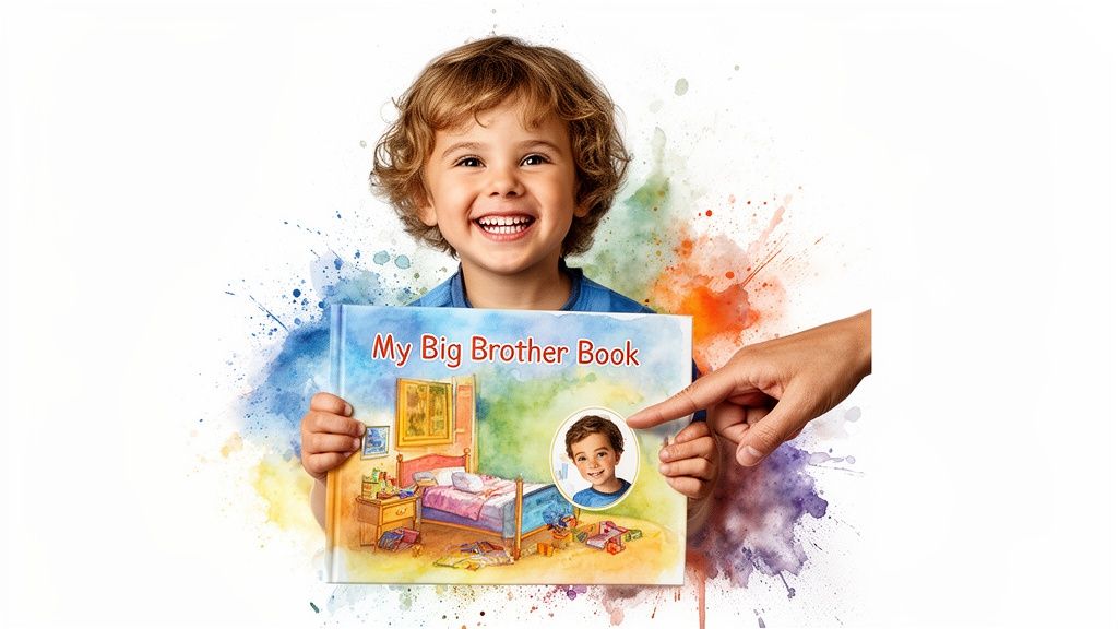 Smiling boy holds 'My Big Brother Book' with a personalized photo, highlighted by a pointing hand.