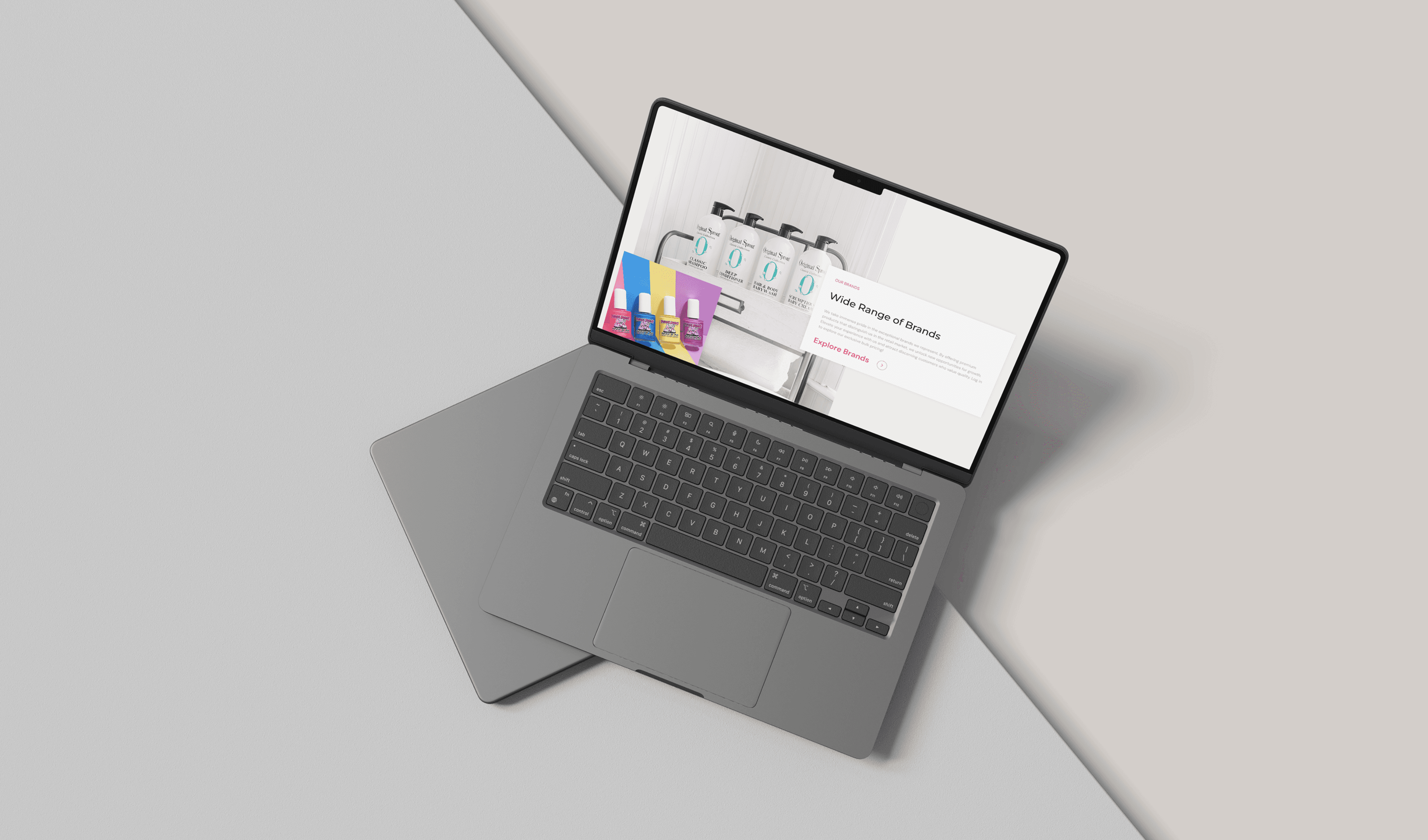 Laptop mockup displaying a website page highlighting a wide range of beauty and personal care brands. The design is clean, modern, and emphasizes easy navigation for users exploring various product lines.