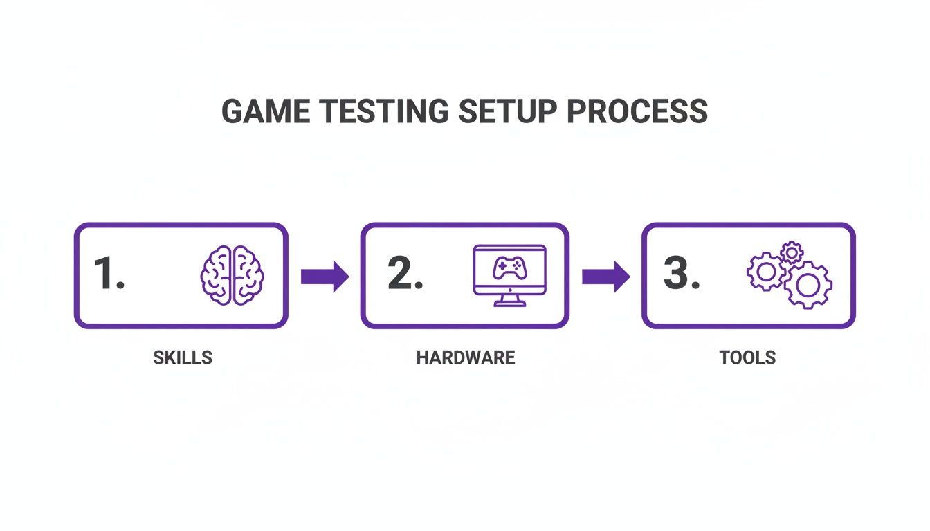 Flowchart outlining the game testing setup process, showing skills, hardware, and tools as three sequential steps.