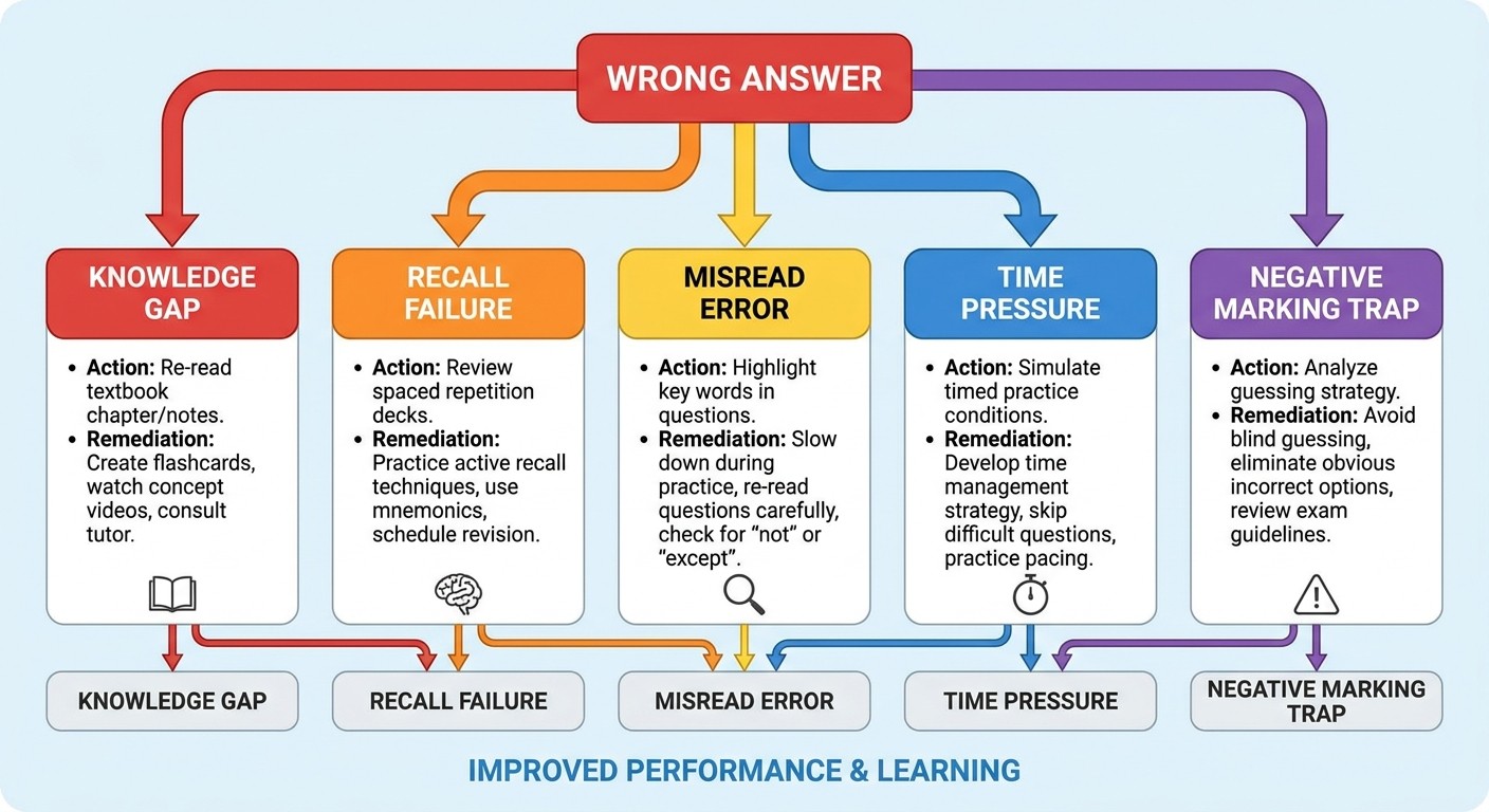 Mock test error analysis flowchart showing knowledge gaps, recall failures and time pressure patterns