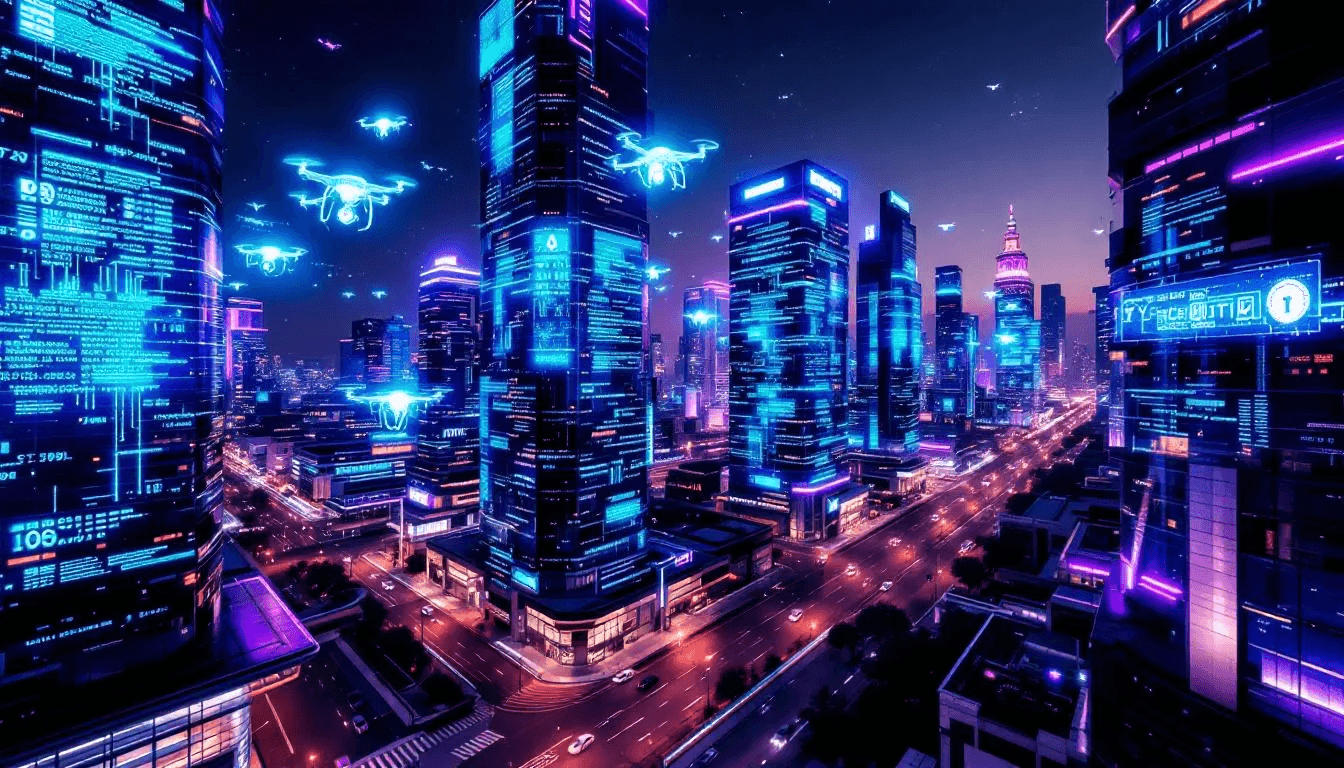 The image depicts a vibrant futuristic cityscape filled with interconnected devices, symbolizing the advanced future of public key cryptography. Elements like digital signatures and encryption keys are represented visually, emphasizing secure communication and the relationship between public and private keys in safeguarding sensitive information.