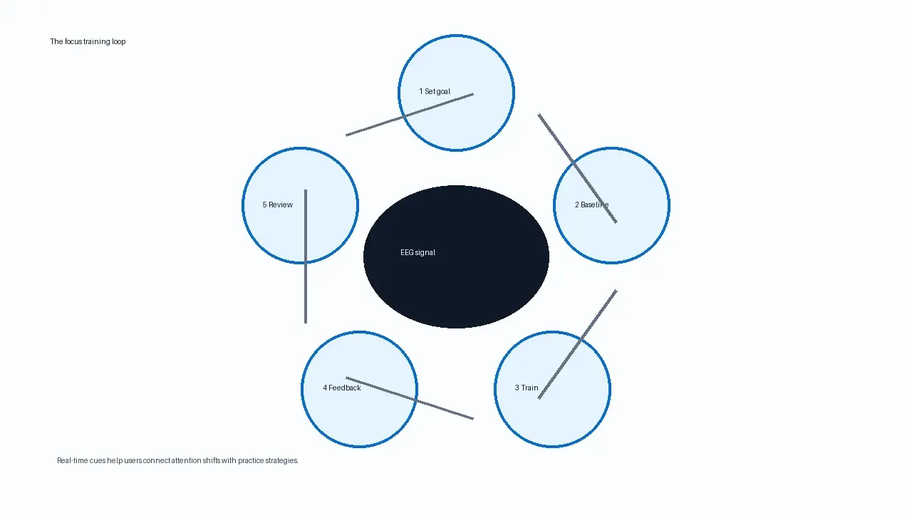 Diagram of the neurofeedback for focus training loop from goal setting to review