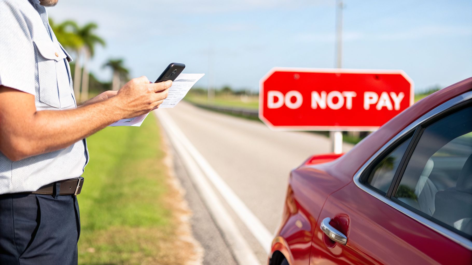 Man holding a phone and document next to a red car by a 'DO NOT PAY' sign.