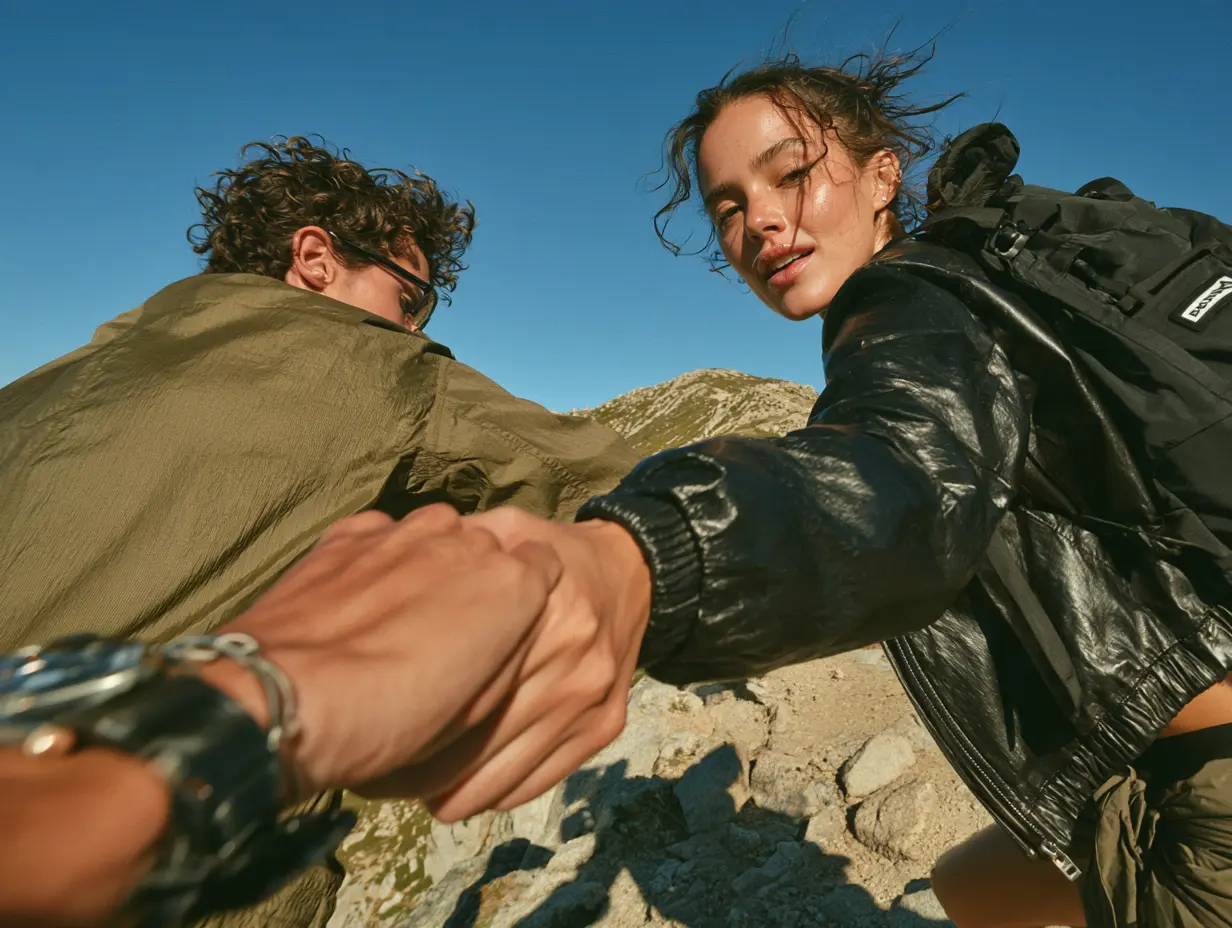 Adventurous couple reaching for each other hands on a rocky mountain summit, in an olive jacket and a black leather jacket with a backpack, premium lifestyle fashion