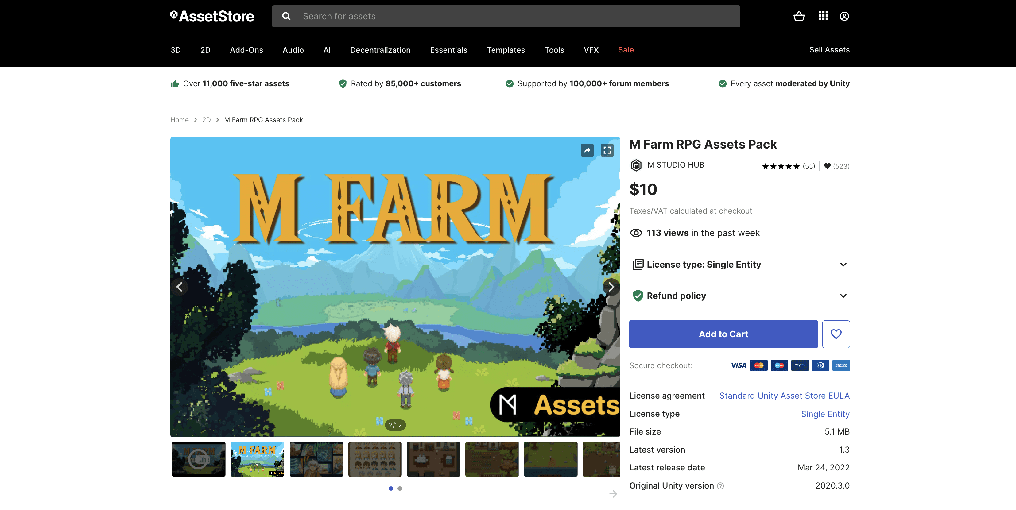 Unity Asset Store listing for M Farm RPG Assets Pack, featuring a colorful top-down pixel-art farming environment.