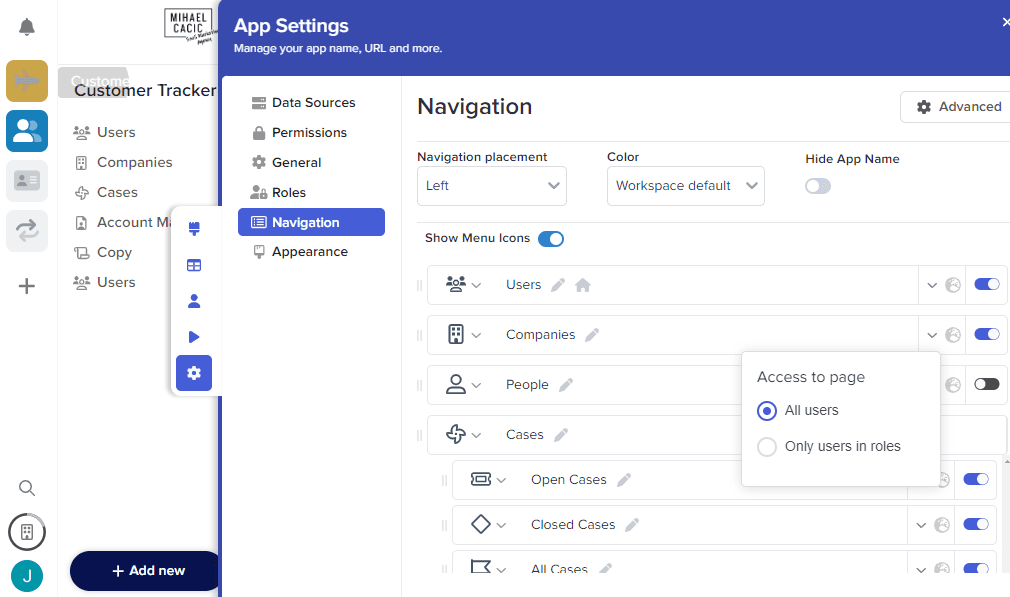 Stacker’s navigation settings tab highlighting how you can customize user’s access to your menu icon.