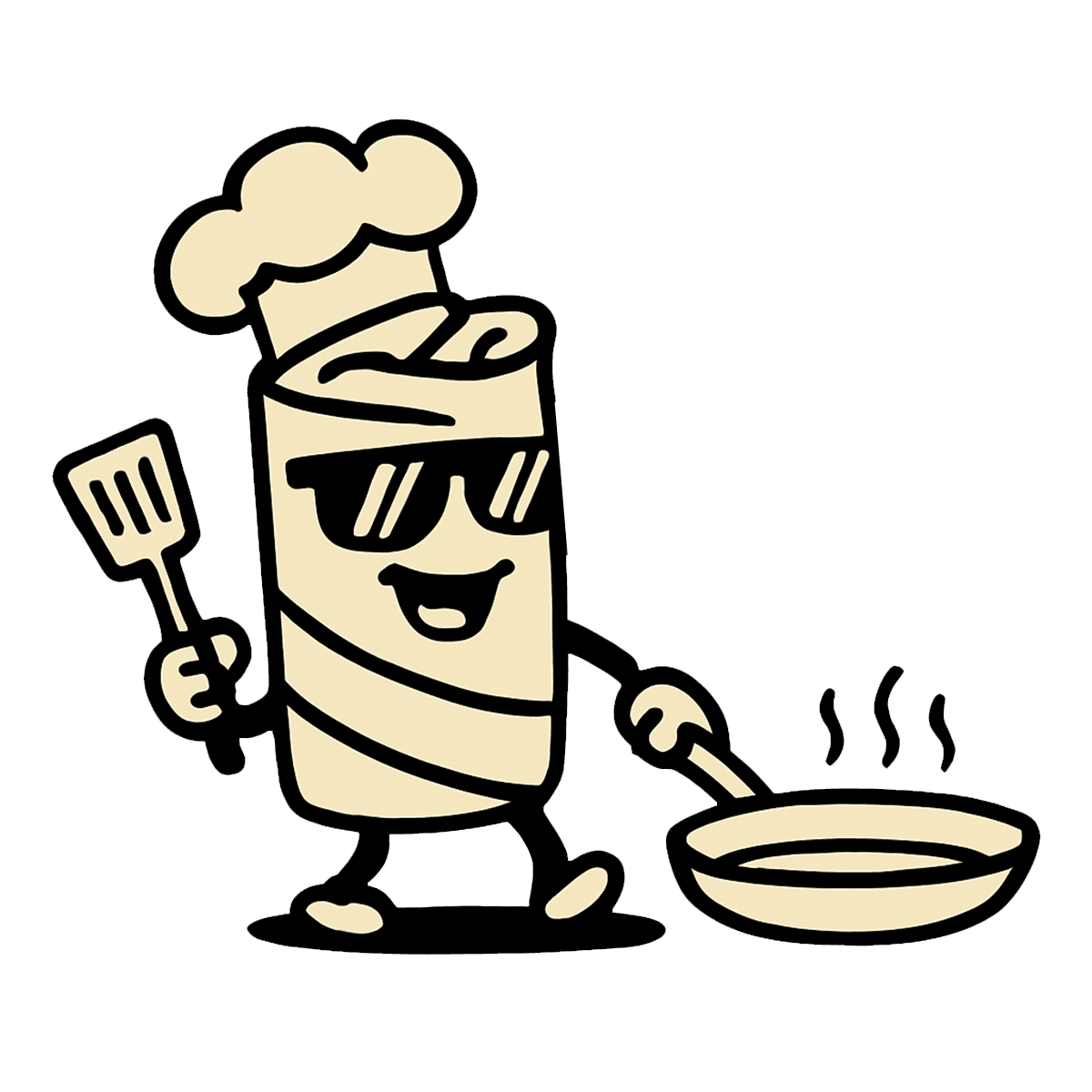 Rico Rolls mascot illustration of a cheerful wrap character in sunglasses and a chef hat holding a spatula while cooking on a steaming pan.