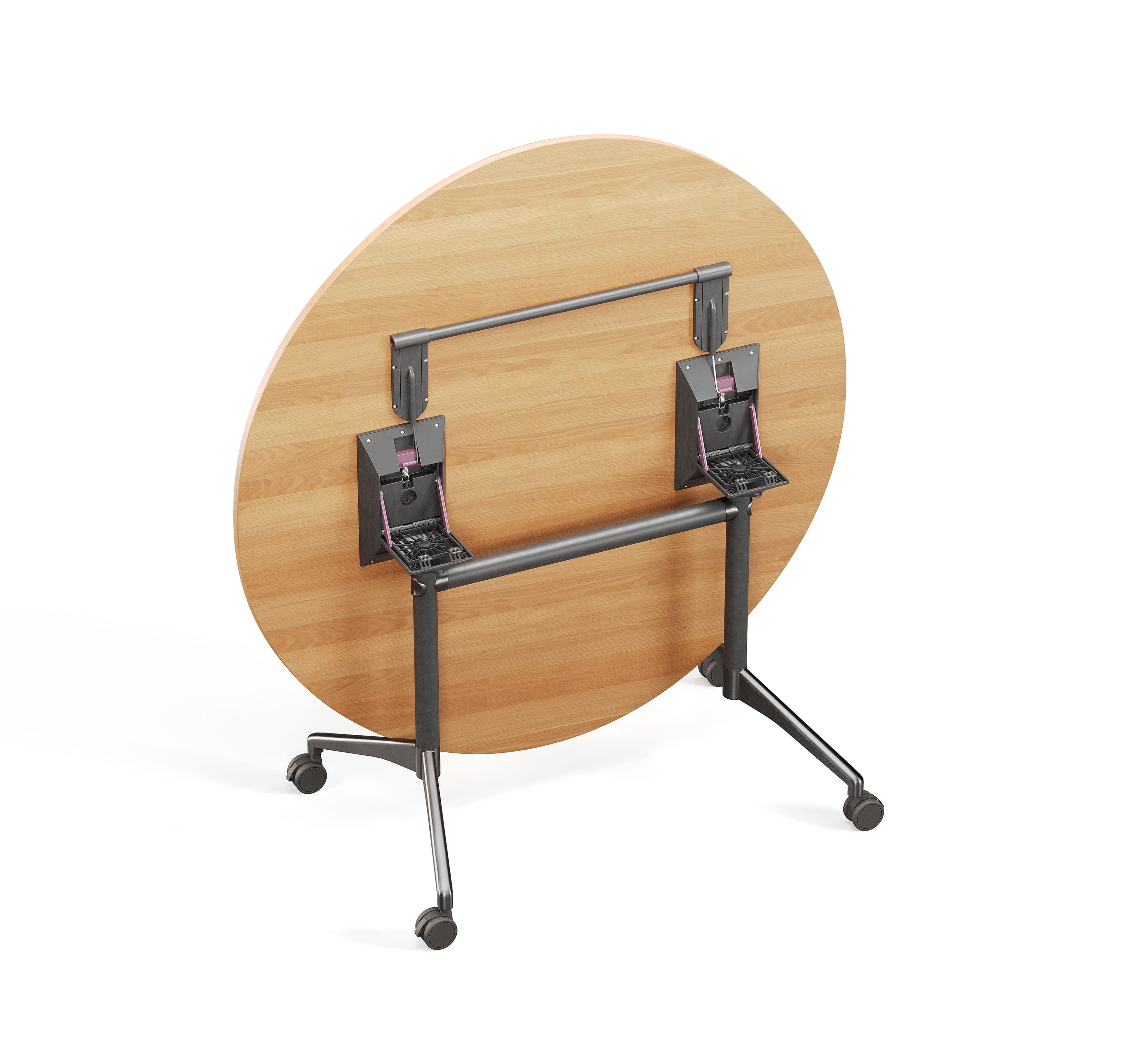 Angled view of foldable table in upright position with wheeled base for mobility