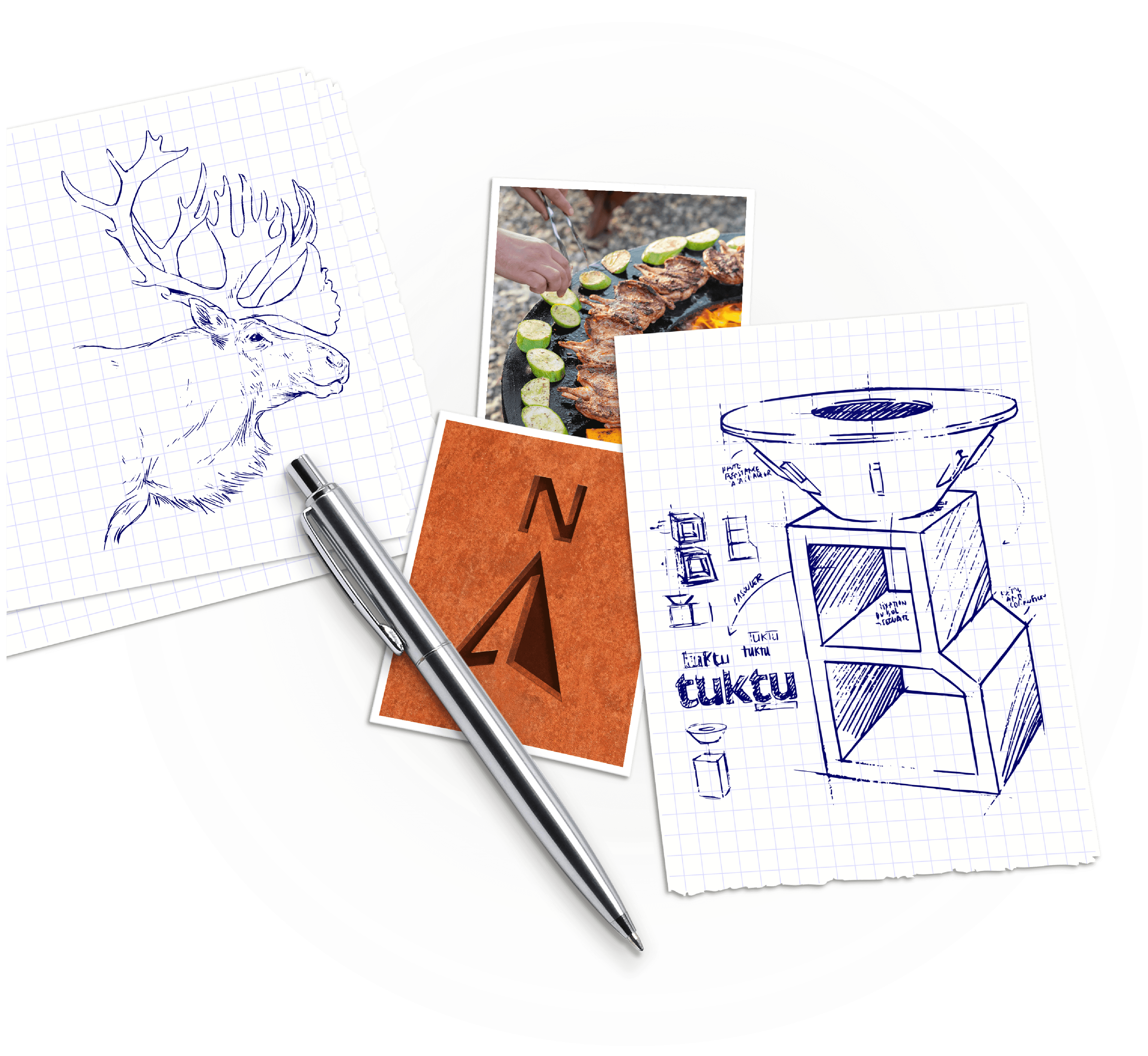 Croquis du braséro plancha Tuktu avec plancha intégrée, design modulaire et finition haut de gamme, fabriqué au Québec