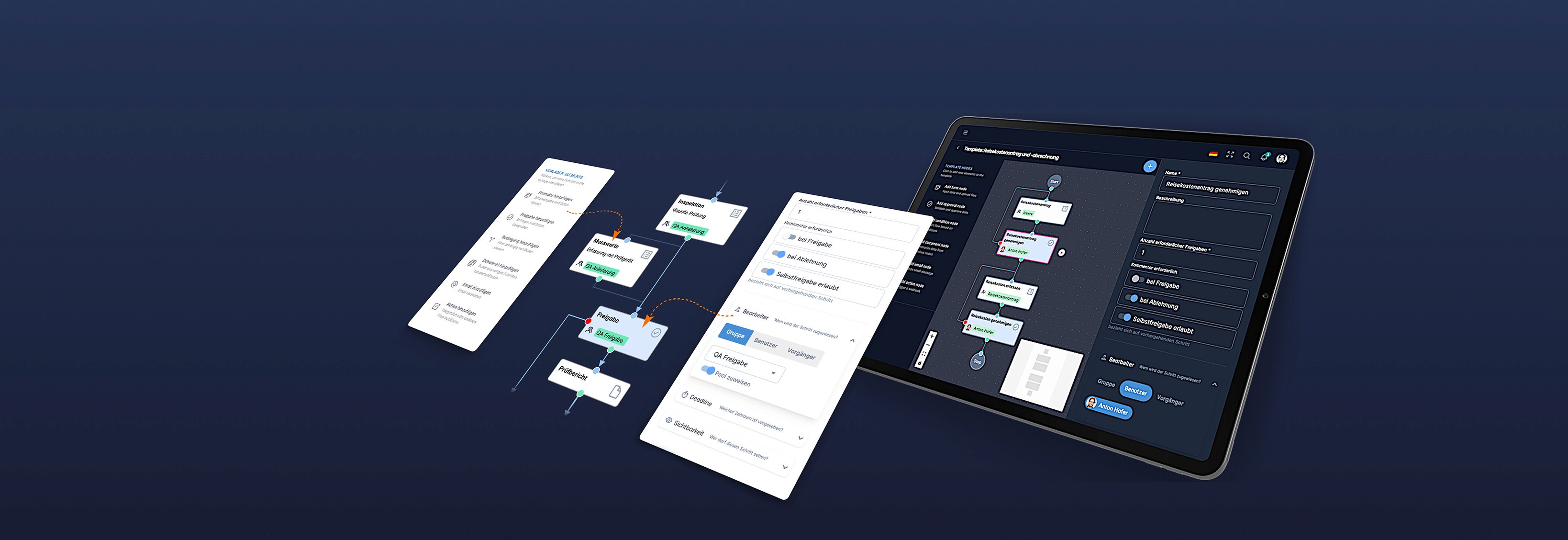 Graphic of interface elements floating in front of a tablet displaying the Flow360 program.