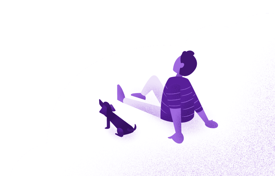 Illustration of a person lounging on a cloud with a small dog sitting nearby.