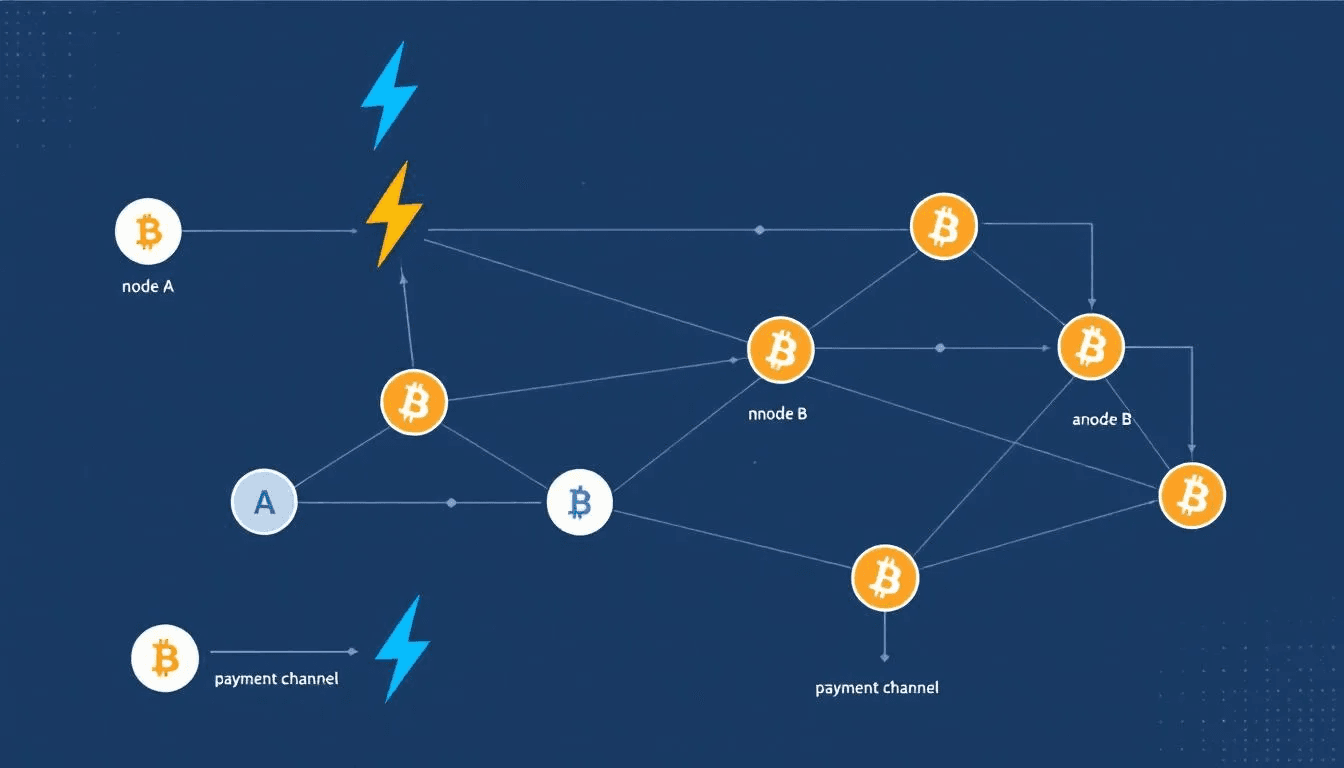 The image depicts a network diagram illustrating interconnected Bitcoin nodes, with lightning bolts symbolizing multiple payment channels of the lightning network. This diagram highlights the efficiency of off-chain transactions, enabling instant payments while reducing transaction fees and enhancing scalability within the Bitcoin ecosystem.