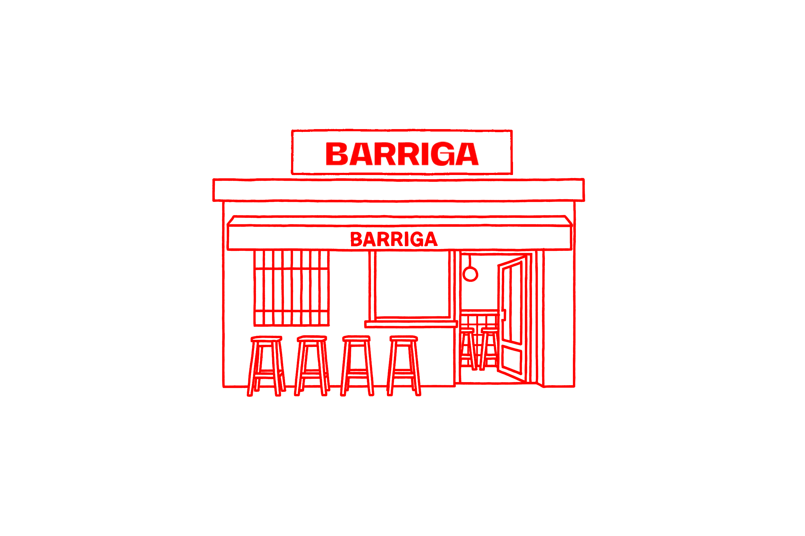 Fachada de la tienda Barrigaa con contorno y letras rojas. Edificio comercial moderno.