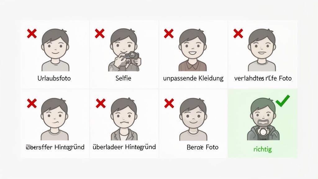 Übersicht, welche Fotos für offizielle Dokumente ungeeignet sind, wie Selfies oder Urlaubsfotos, und ein korrektes Beispiel.