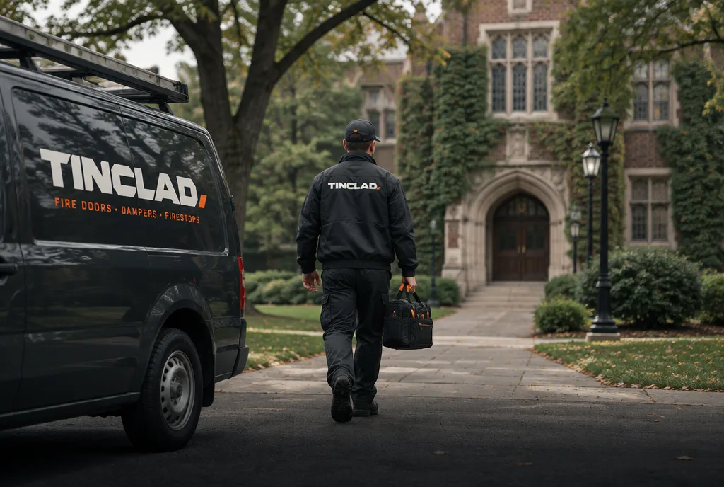 Tinclad technician arriving at an older brick campus building in Delaware County.