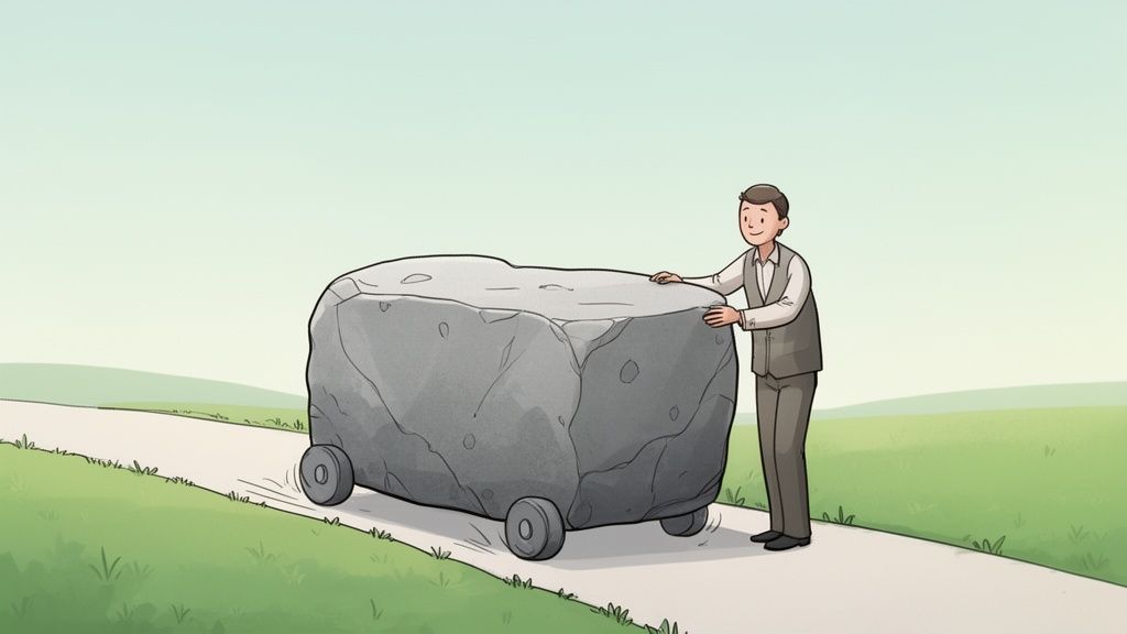 A man in a vest pushing a large rock on wheels along a path through green fields.