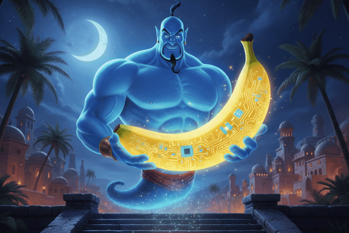 Un genio dal volto blu emerge da una banana luccicante e futuristica, rappresentando la potenza dell'intelligenza artificiale nanobanana di Gemini per il marketing digitale