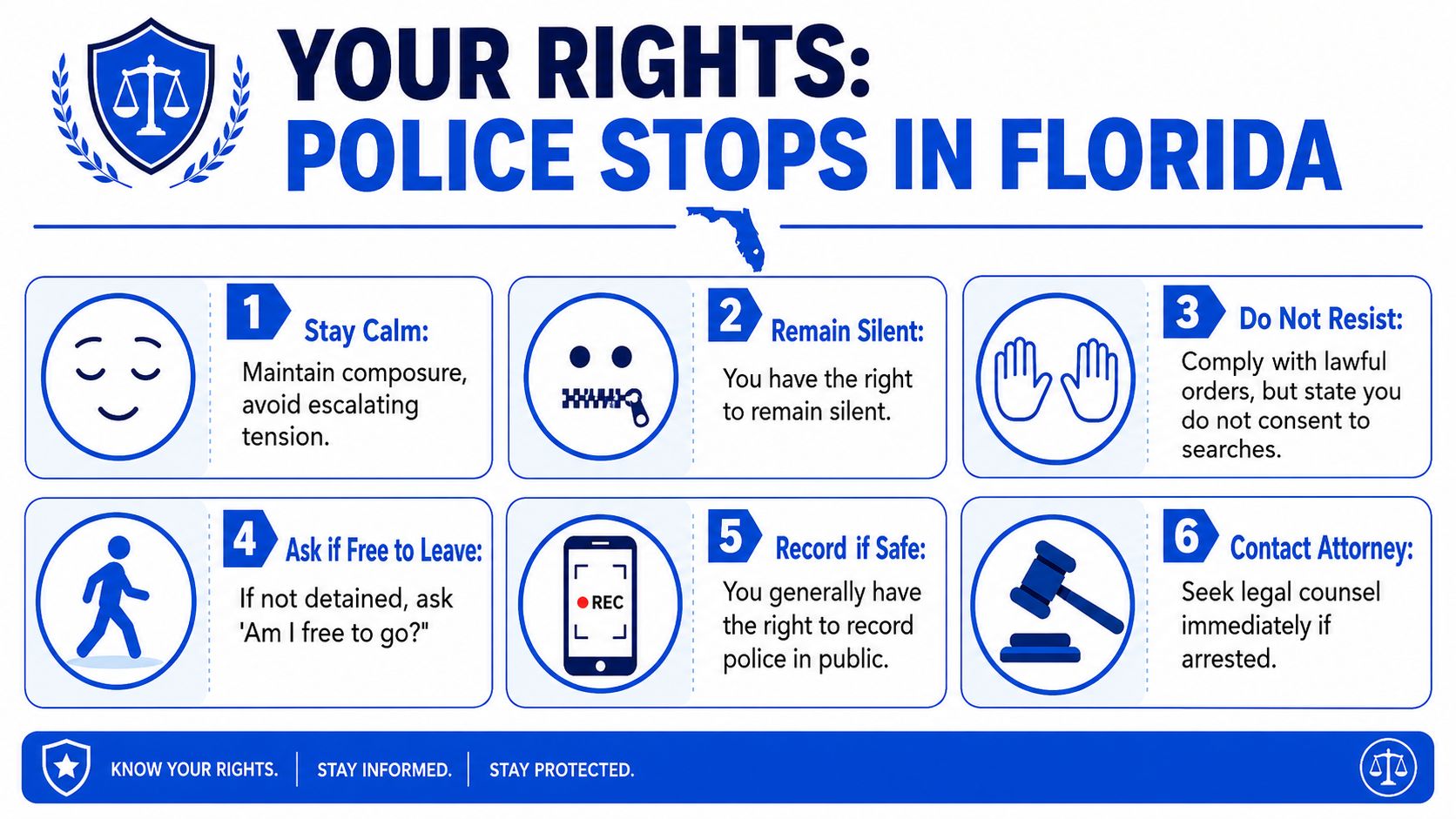 An infographic titled Your Rights: Police Stops in Florida, listing six key legal steps for citizens.